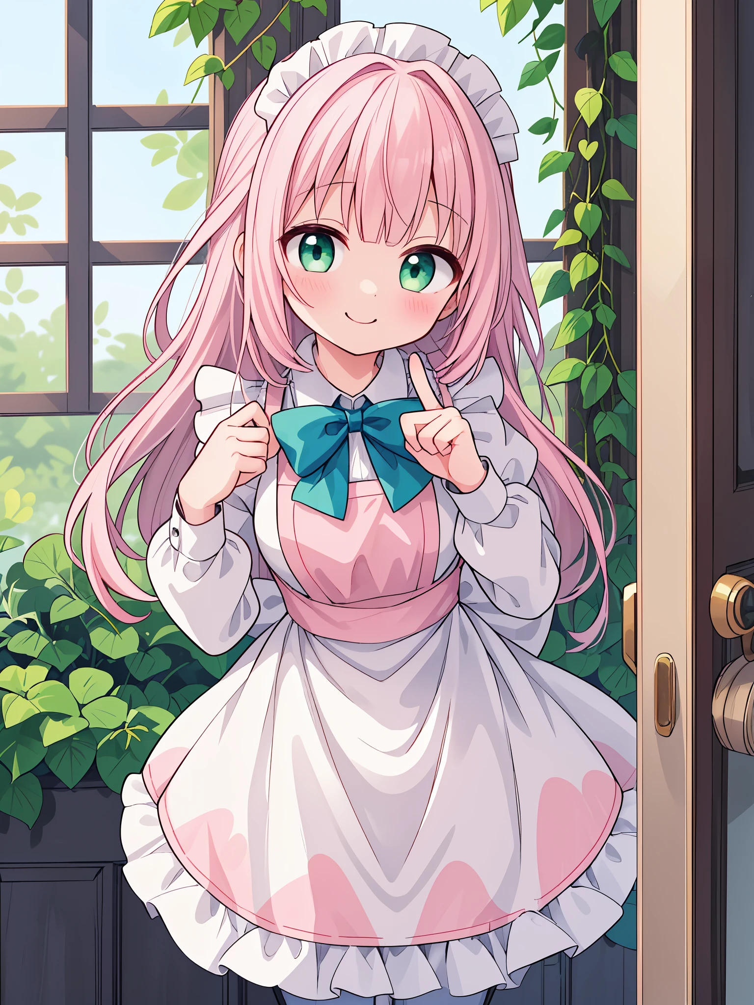 Extremely detailed, ridiculous, ultra high definition, Super detailed, best quality,
1 girl, alone, beautiful hands, perfect hands,
Break the apron, blush, bow, bowtie, frilly apron, decorate, long sleeves, maid, maid apron, maid headdress, waist apron, White apronBREAK smile, Shut your mouthBREAK Finger to mouth, Raise your index finger, Boo, cowboy shooting, looking at the audience,
Break the slenderness, kawaii, Perfectly symmetrical face shape, Super cute girl, Super cute face, Super detailed的眼睛, ultra detailed hair, Super cute, Super beautiful,
off day, flower, ivy, leaf, indoors, Open the door, plant, potted plant, vine, window,
break white (pink:1.2) hair, green eyes, long hair, medium breasts, Bangs, eyebrows visible through hair,