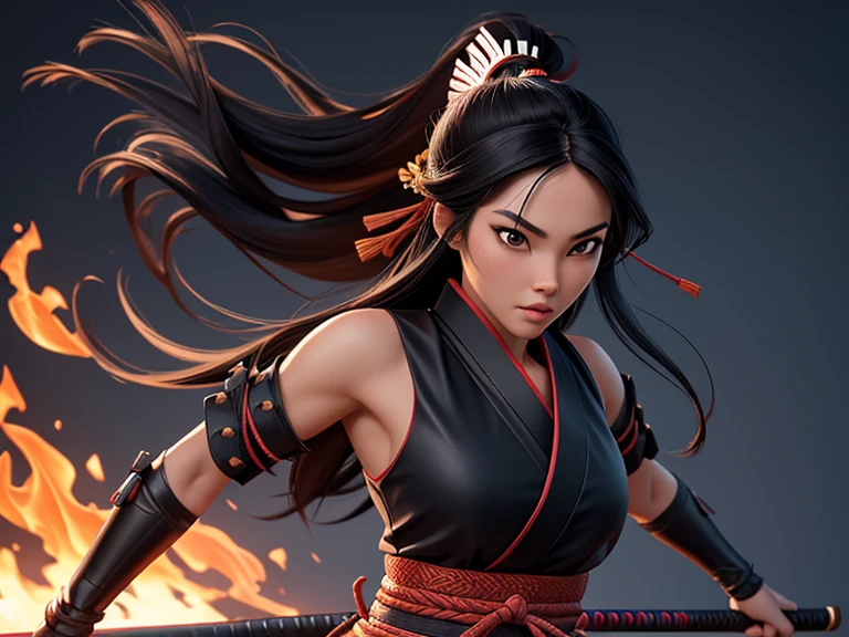 (best quality), (perfect body), (perfect face), (1girl), sexy asian samurai woman, wearing sexy samurai armor, holding a decorative samurai sword in the ready position, athletic body, long flowing black hair, smoke swirling around, leaves floating in the air, fire in the background, HDR, 4K, 3D