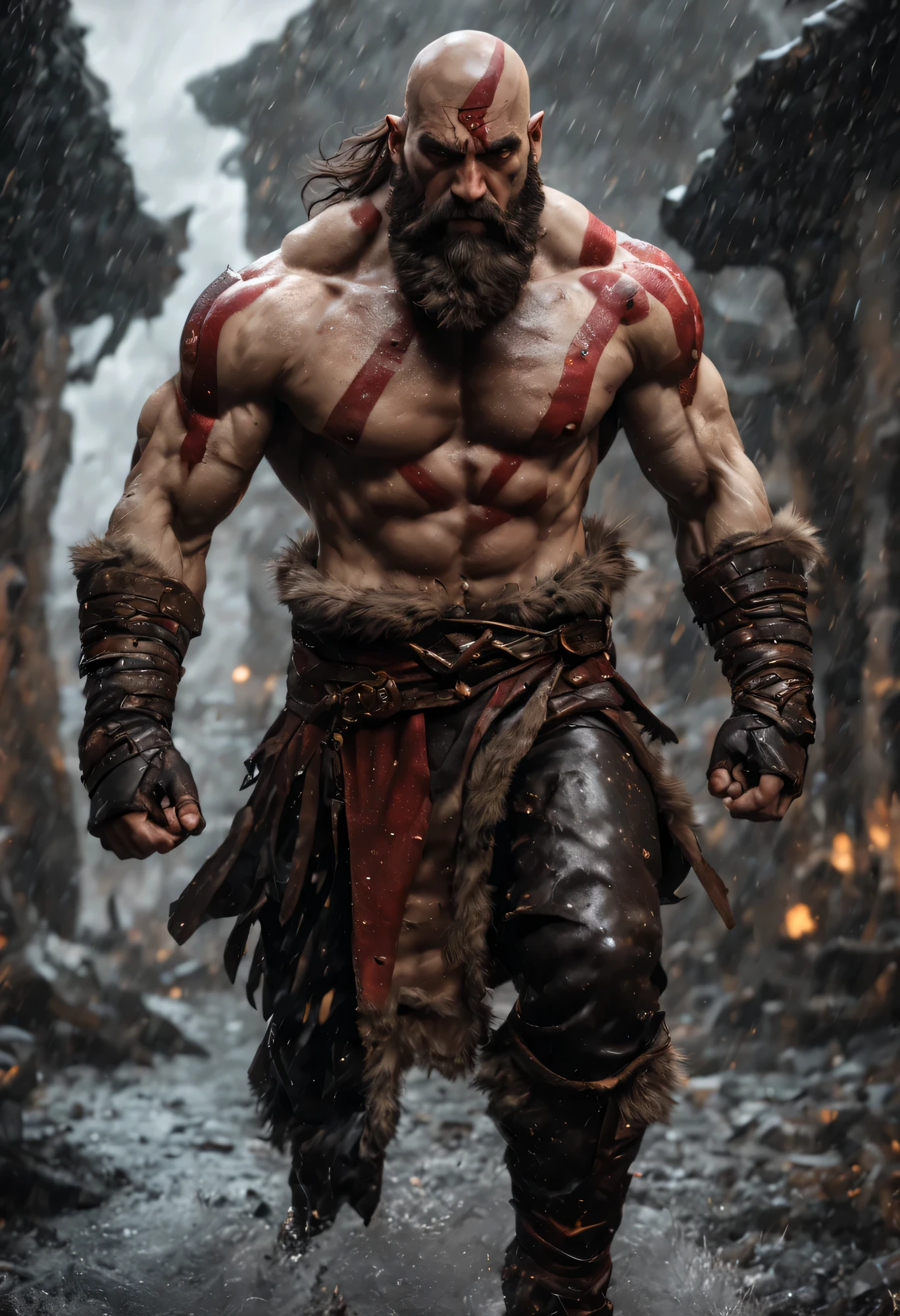 (professional 3d render:1.3) af (Realistic:1.3) most beautiful artwork photo in the world，Features soft and shiny male heroes, ((Epic hero fantasy muscle man KRATOS rough wet hero angry look long hair short beard and ferocious expression in dynamic pose, Fantastic location, Majestic cluttered environment)), full body 8k unity render, action shot, skin pore, very dark lighting, heavyshading, Detailed, Detailed face, (vibrant, photograph realistic, Realistic, Dramatic, Dark, Sharp focus, 8K), (Old leather garments damaged by weathering:1.4), ((((Wear fur)))), (Intricate:1.4), decadent, (Highly detailed:1.4), Digital painting, rendering by octane, art stations, concept-art, smooth, Sharp focus, illustration, Art germ, (loish:0.23), wlop ilya kuvshinov, and greg rutkowski and alphonse mucha gracias, (Global illumination, Studio light, volumettic light), heavy rain, particles floating, lotr, fantasy, elf, full bodyesbian, ((Dark and ancient city background:1.3)),CGSesociety,art stations, Fighting giant muscular T-Rex Theriantrophy ready to fight it. (BACK ANGLE), ray tracing, Bokeh