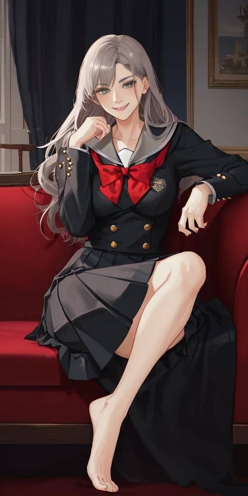 fictional Lady death, a lady sitting on red sofa, black attractive outfit, beautiful, grey eyes, proud, charming, intimate, appealing poses, relaxing(fantasy style)(lustful smirking smiley with face red blush)(wearing a schoolgirl uniform)(uniform tear aparts)