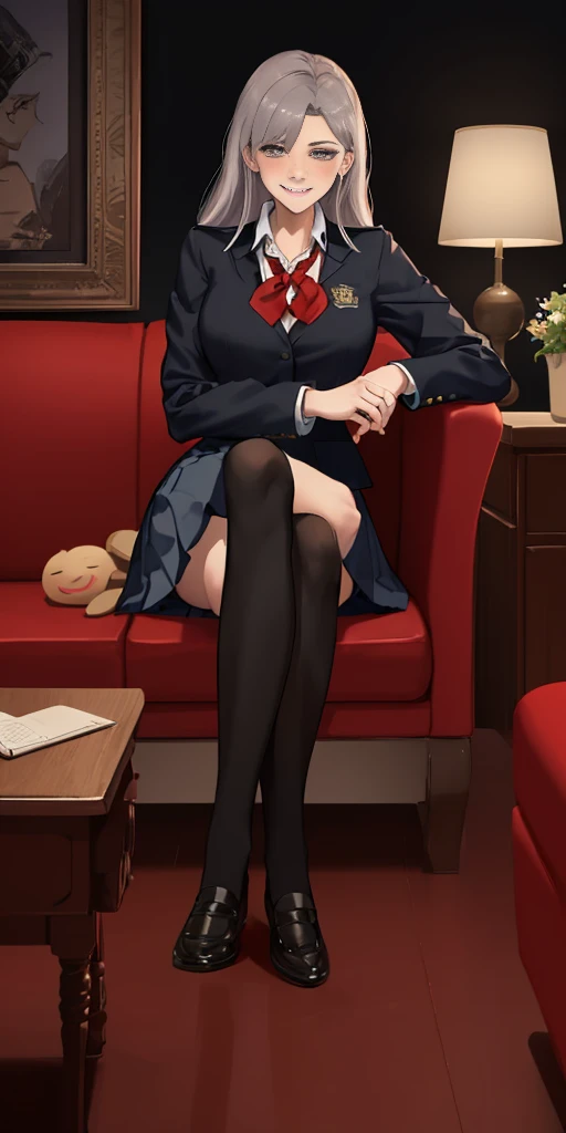 fictional Lady death, a lady sitting on red sofa, black attractive outfit, beautiful, grey eyes, proud, charming, intimate, appealing poses, relaxing(fantasy style)(lustful smirking smiley with face red blush)(wearing a schoolgirl uniform)(uniform tear aparts)
