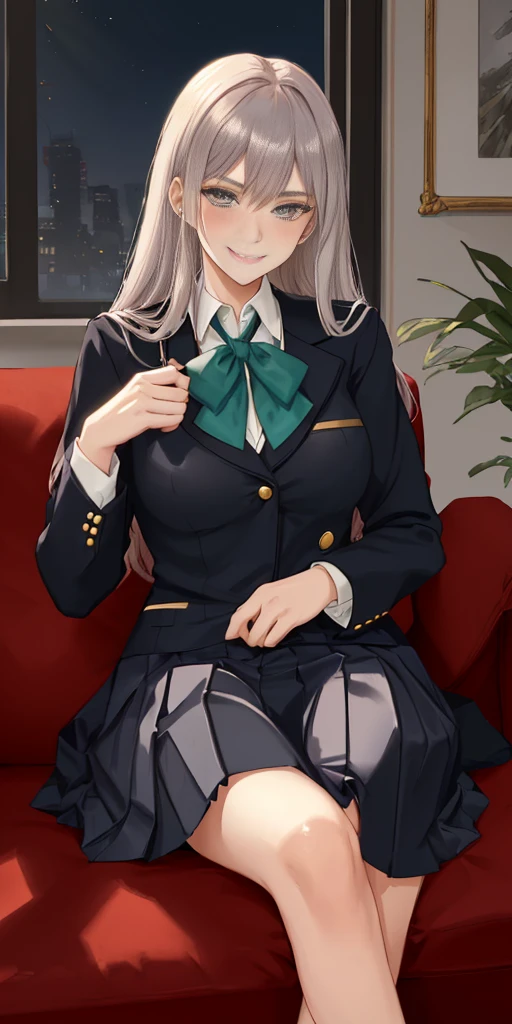 fictional Lady death, a lady sitting on red sofa, black attractive outfit, beautiful, grey eyes, proud, charming, intimate, appealing poses, relaxing(fantasy style)(lustful smirking smiley with face red blush)(wearing a schoolgirl uniform)(uniform tear aparts)