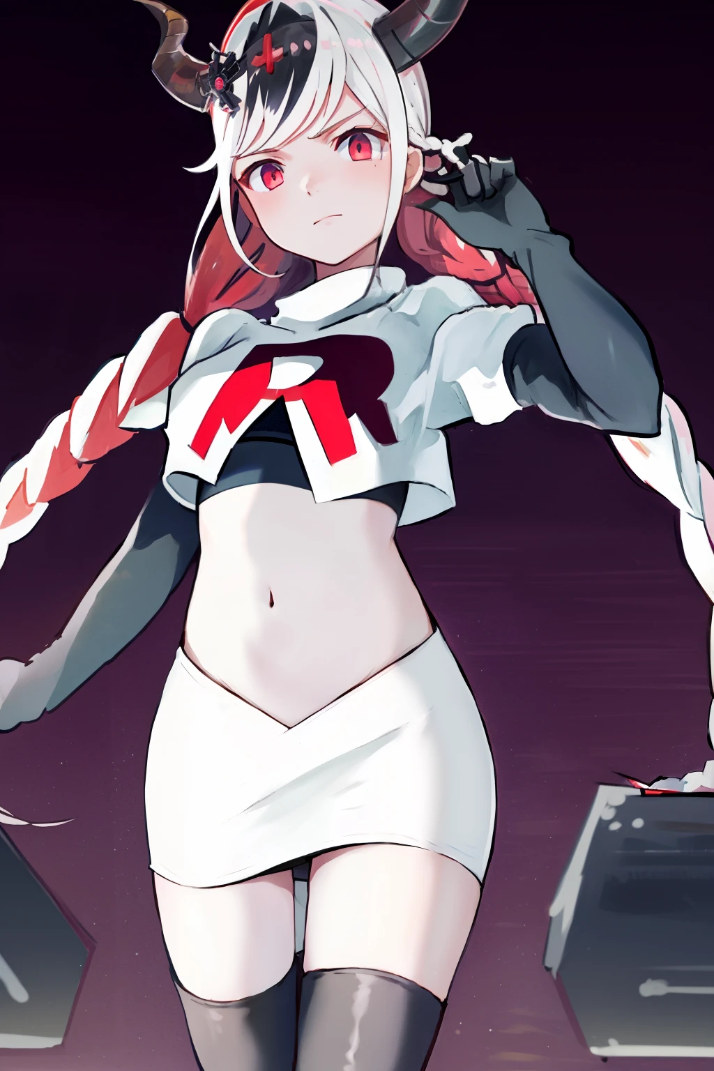 masterpiece, best quality, highres, 1girl twintails twin braids hair ornament demon horns crown, team rocket,team rocket uniform, red letter R, white skirt,white crop top,black thigh-highs,black elbow gloves,