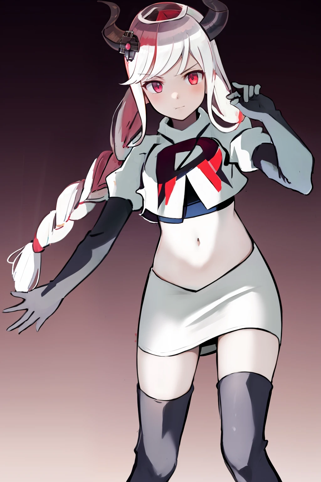 masterpiece, best quality, highres, 1girl twintails twin braids hair ornament demon horns crown, team rocket,team rocket uniform, red letter R, white skirt,white crop top,black thigh-highs,black elbow gloves,