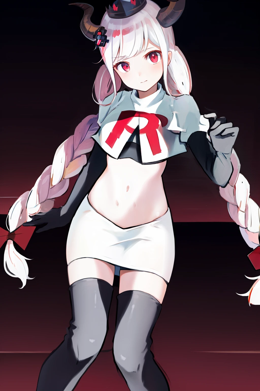 masterpiece, best quality, highres, 1girl twintails twin braids hair ornament demon horns crown, team rocket,team rocket uniform, red letter R, white skirt,white crop top,black thigh-highs,black elbow gloves,