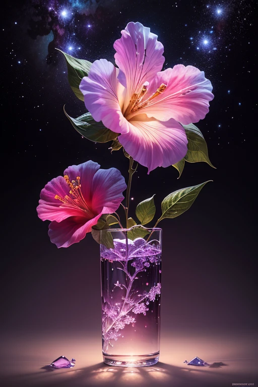crystal blossom hibiscus flower,
fantasy, Milky Way, transparent, 
sparkling, Sparkling, wonderful, colorful, 
magical photo shoot, dramatic lighting, photorealism, super detailed, 4K, Depth of bounds written, High resolution