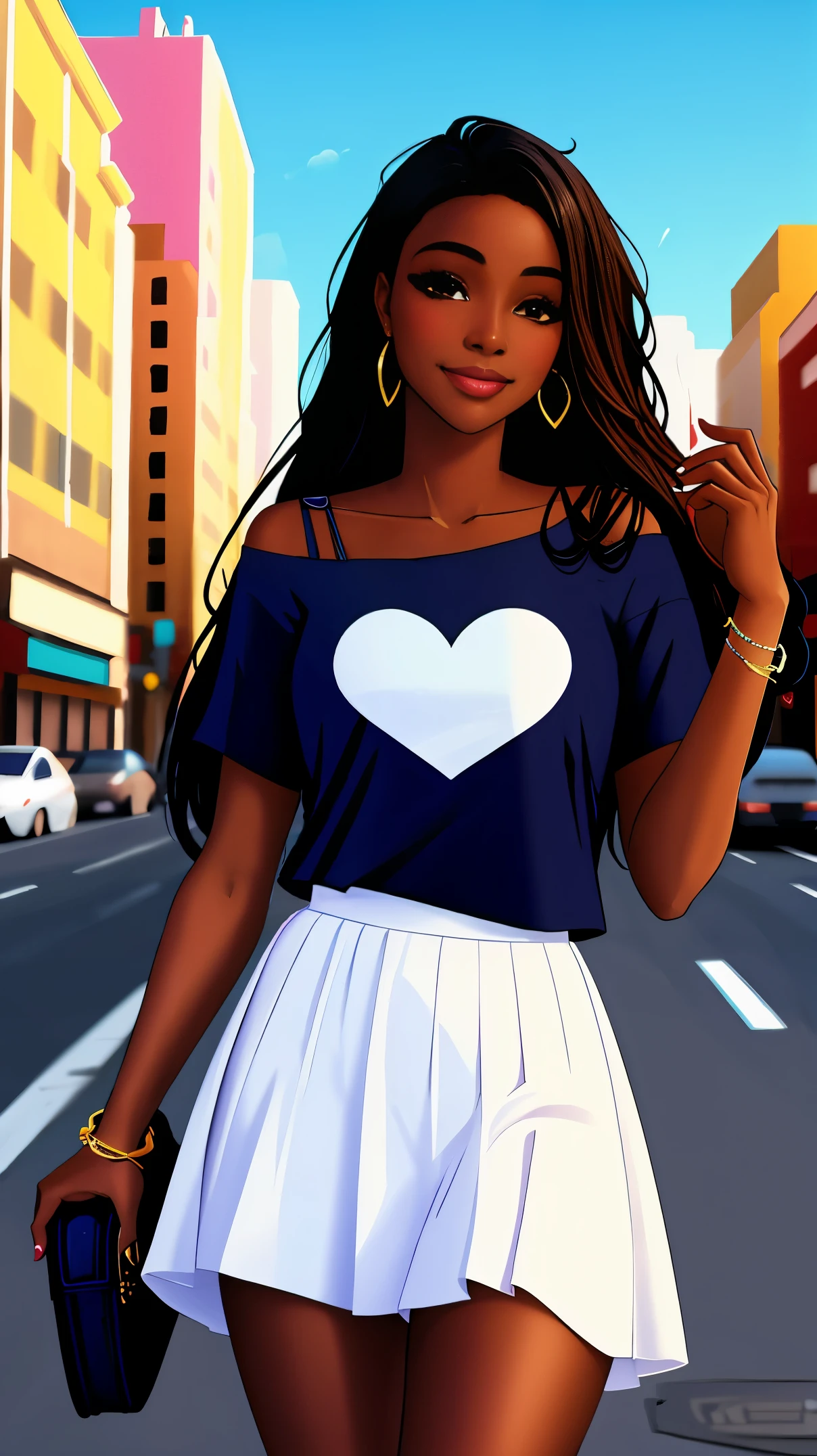 Dark skin ebony young woman in stylish blue top with a heart on it and long white bohemian skirt, clear brown eyes, perfect long black hair, sweet, heart hands pose, closed mouth smile, cityscape view background 