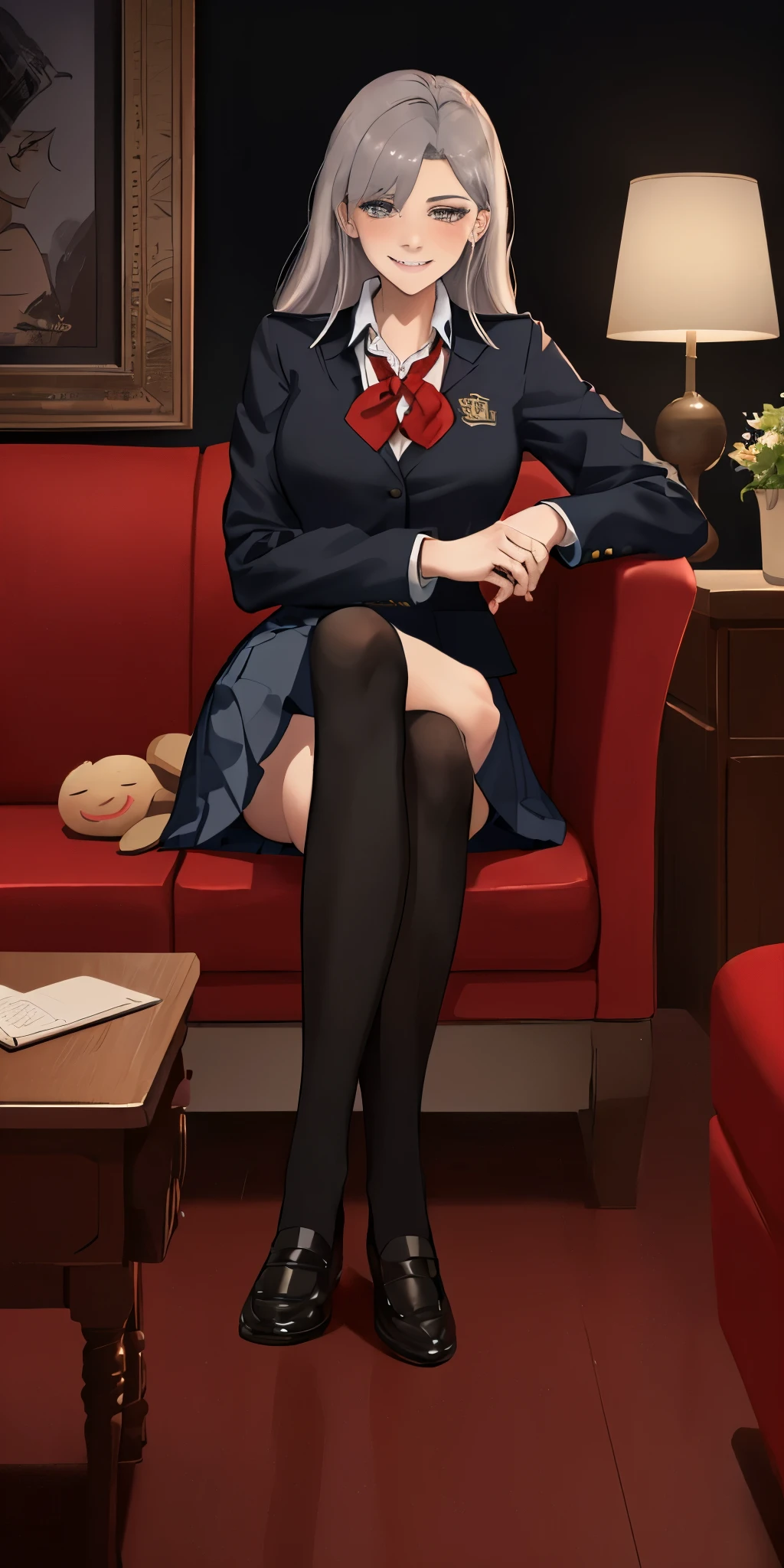 fictional Lady death, a lady sitting on red sofa, black attractive outfit, beautiful, grey eyes, proud, charming, intimate, appealing poses, relaxing(fantasy style)(lustful smirking smiley with face red blush)(wearing a schoolgirl uniform)(uniform tear aparts)