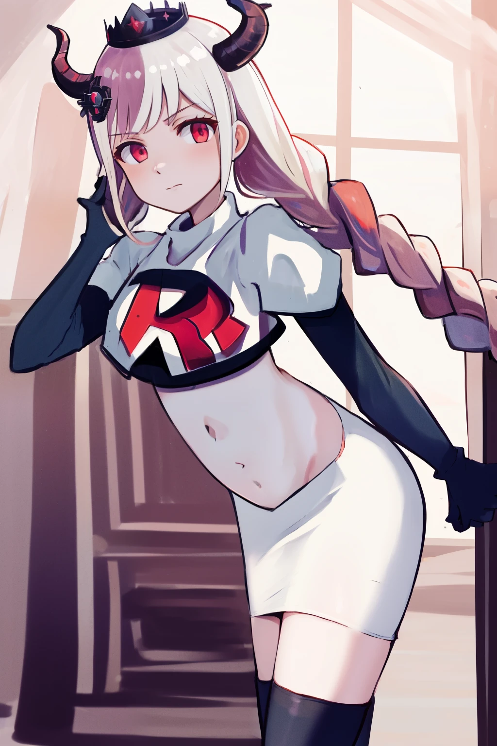 masterpiece, best quality, highres, 1girl twintails twin braids hair ornament demon horns crown, team rocket,team rocket uniform, red letter R, white skirt,white crop top,black thigh-highs,black elbow gloves,