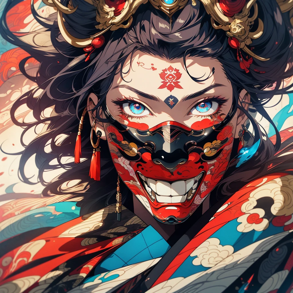 (((highest quality))),(((detailed eyes))),(((32k))),1 girl,hair,(tattoo),cyber punk,kimono,Luxurious and gorgeous,Shiny skin,earrings,flashy,((Super beautiful woman)),perfect face,Japanese sword,ultimate texture,official art,Ukiyo-e,stylish,photograph,perfect body,smile,Bewitching,Highest image quality,distinct,real,fantasy,(Near the future),Hannya mask,Fox mask,