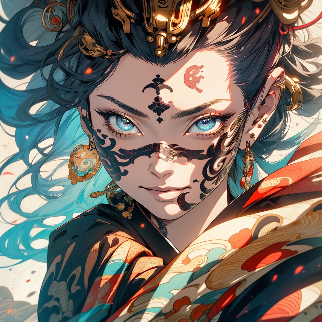 (((highest quality))),(((detailed eyes))),(((32k))),1 girl,hair,(tattoo),cyber punk,kimono,Luxurious and gorgeous,Shiny skin,earrings,flashy,((Super beautiful woman)),perfect face,Japanese sword,ultimate texture,official art,Ukiyo-e,stylish,photograph,perfect body,smile,Bewitching,Highest image quality,distinct,real,fantasy,(Near the future),Hannya mask,Fox mask,