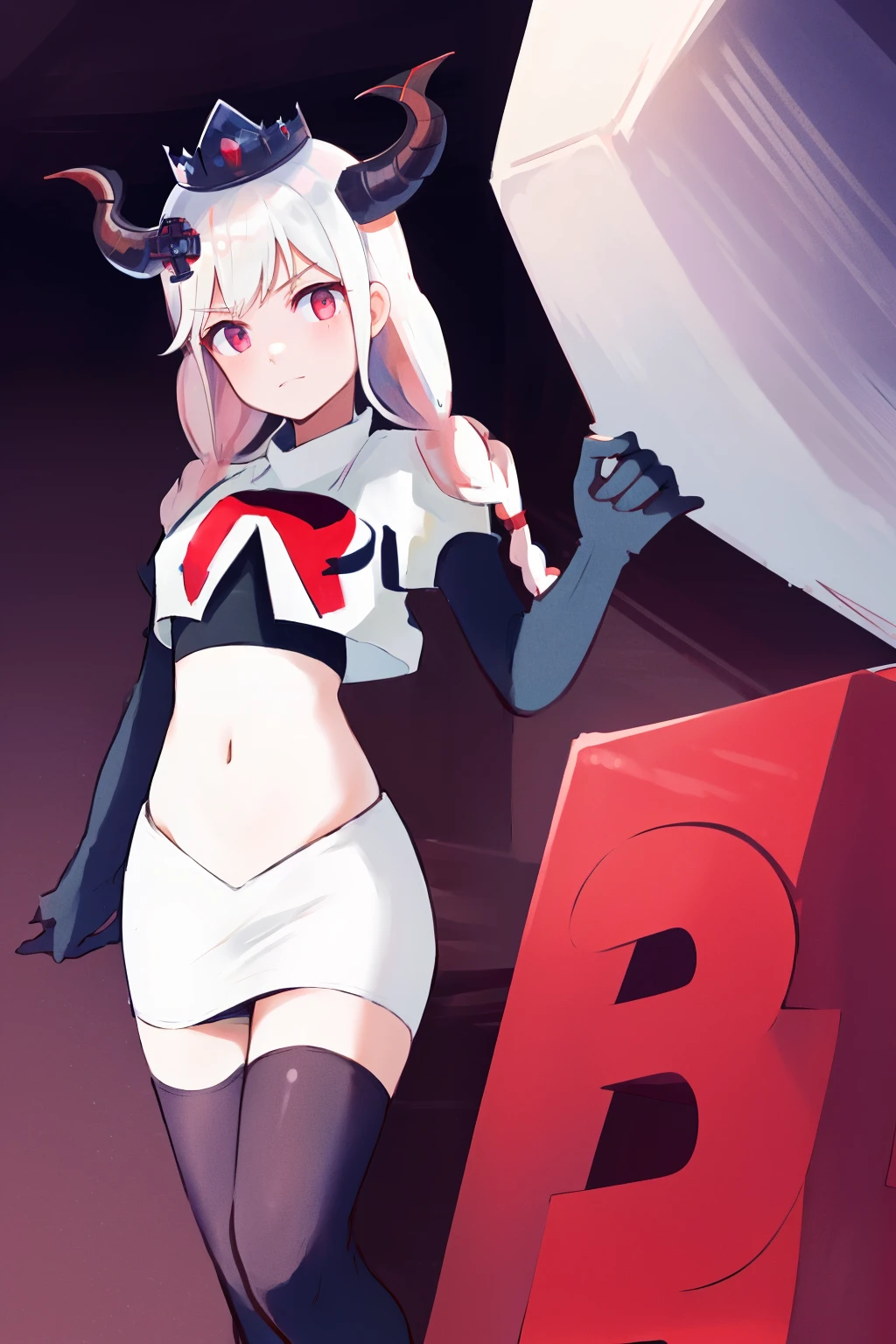 masterpiece, best quality, highres, 1girl twintails twin braids hair ornament demon horns crown, team rocket,team rocket uniform, red letter R, white skirt,white crop top,black thigh-highs,black elbow gloves,