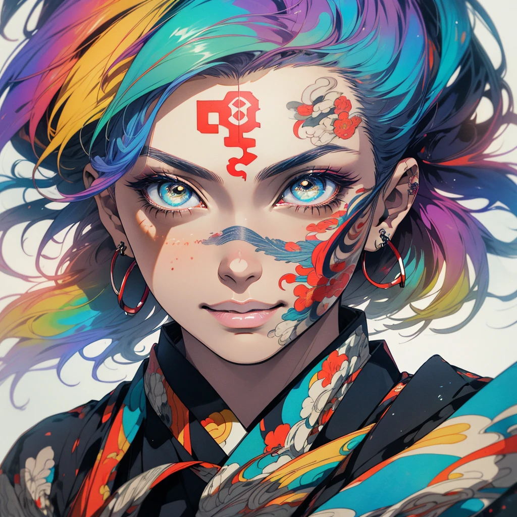 (((highest quality))),(((detailed eyes))),(((32k))),1 girl,rainbow colored hair,(Japanese tattoo),cyber punk,Rainbow kimono,Luxurious and gorgeous,Shiny skin,earrings,flashy,((Super beautiful woman)),perfect face,Japanese sword,ultimate texture,official art,Ukiyo-e,stylish,photograph,perfect body,smile,Bewitching,Highest image quality,distinct,real,fantasy,Near the future,Hannya mask,Fox mask,