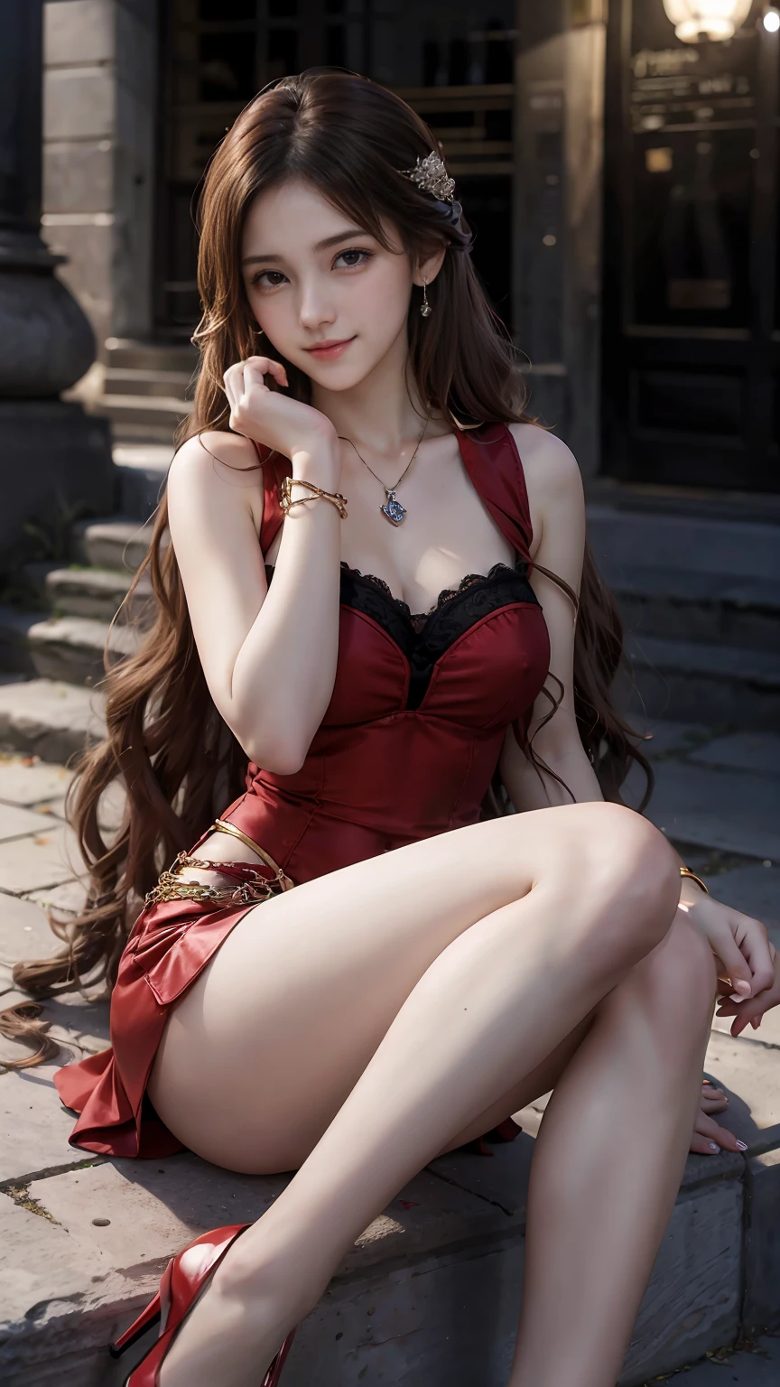 22 year old white female、hair color is brown、brown eyes、long hair、straight hair、accessories on wrist、wearing a necklace、has earrings、skin is smooth、smile、Slender but muscular body、My heart is pounding、smile、wearing a clock top、wearing red high heels、He is sitting in the middle of the stone steps in the old town, his legs crossed and his chin resting on his hands.