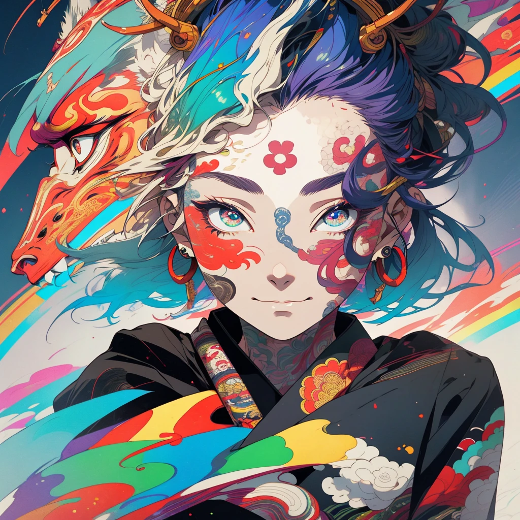 (((highest quality))),(((detailed eyes))),(((32k))),1 girl,rainbow colored hair,(Japanese tattoo),cyber punk,Rainbow kimono,Luxurious and gorgeous,Shiny skin,earrings,flashy,((Super beautiful woman)),perfect face,Japanese sword,ultimate texture,official art,Ukiyo-e,stylish,photograph,perfect body,smile,Bewitching,Highest image quality,distinct,real,fantasy,Near the future,Hannya mask,Fox mask,ninja,