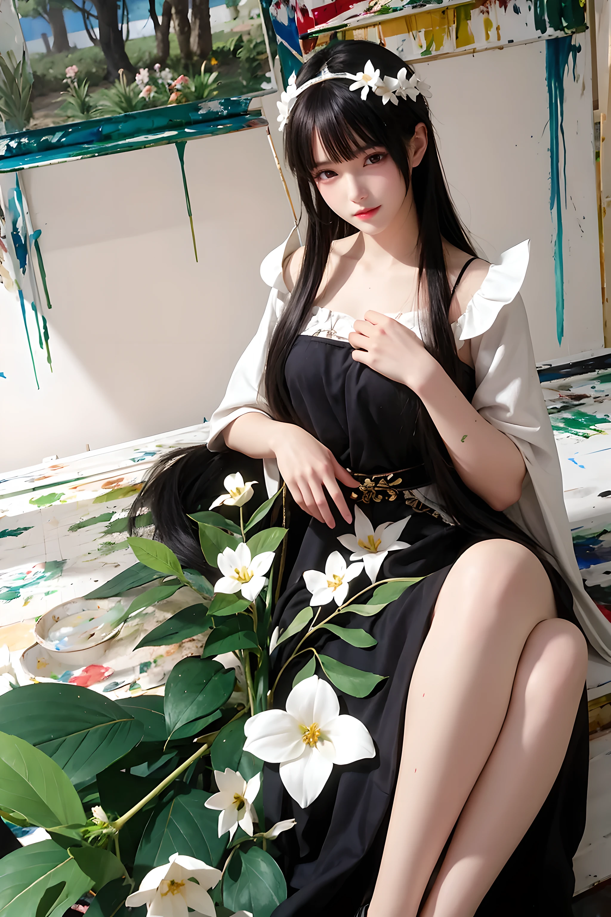 (painting:1.5),
\\
A dark-haired one、Woman with white flowers in her hair lying in a field of white flowers, (Amy Sole:0.248), (Stanley Liu:0.106), (a detailed painting:0.353), (gothic art:0.106)