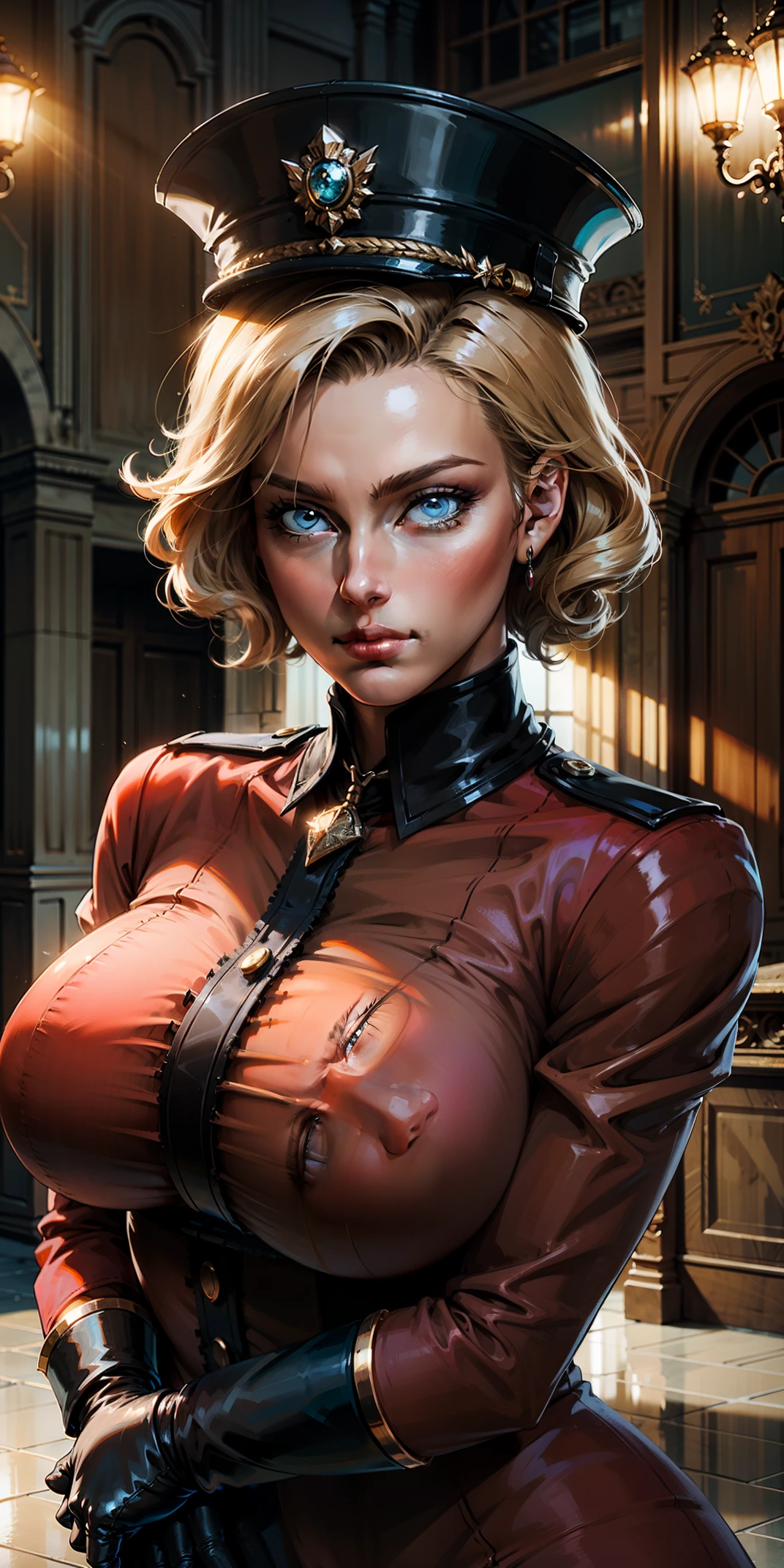 Best image quality, 4k, masterpiece, male, short hair, beautiful mature gentleness, light brown hair, light blue eyes, sharp eyes looking at the camera, face focus, delicate facial features, black uniform, white gloves hat, arms holding, artistic lighting, portraiture, face magnification, [elegant demeanor, dignified atmosphere and excellent posture that catches the eye + beautiful face + portrait painting effect]. pov hand, breast grab, big breast, female perfect face, full-body close-up, long twin drill hair, pink outfit, blonde, pettite female face, standing
