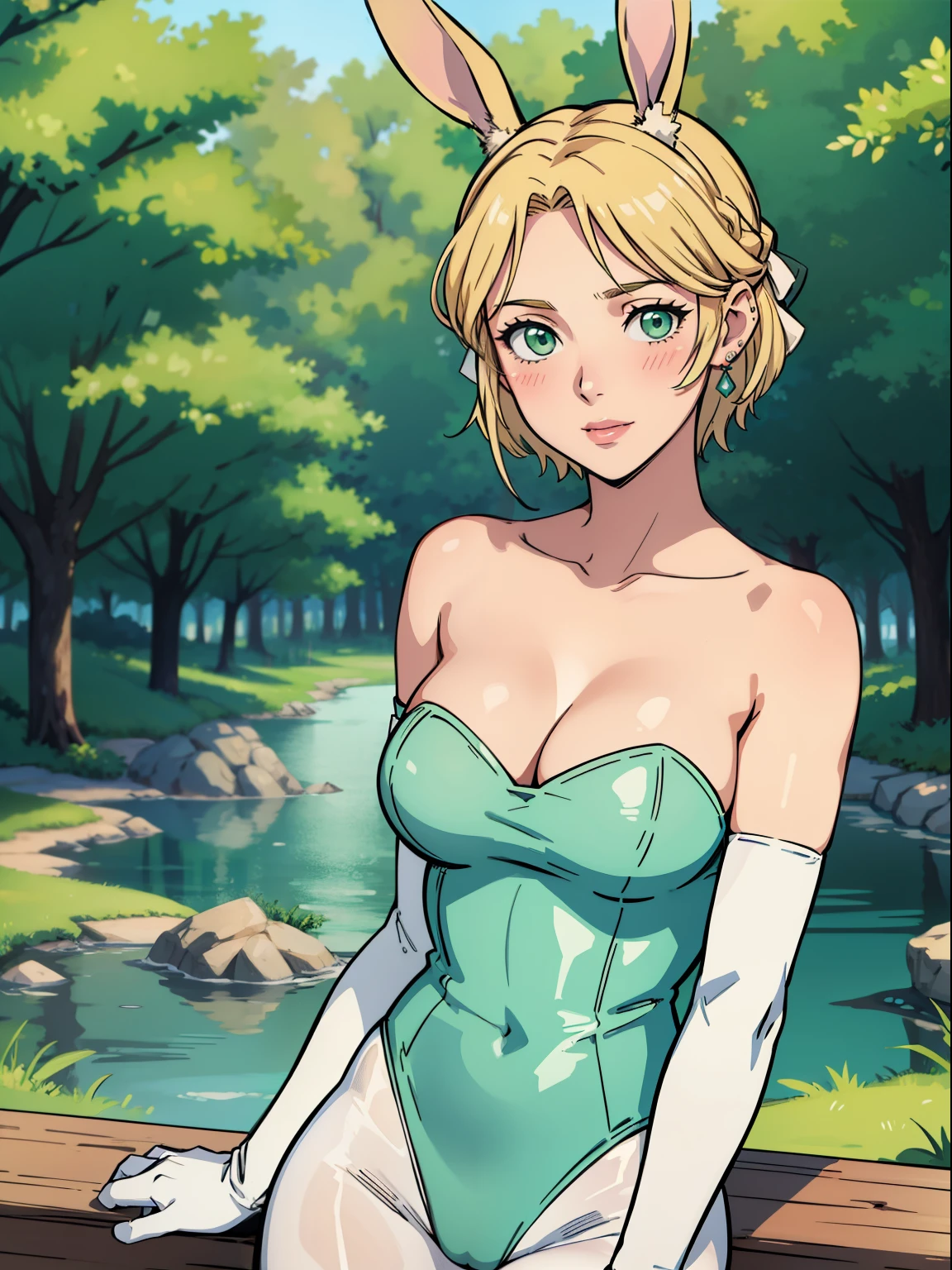 warIngrid, short hair, hair ribbons, green eyes ,1girl, solo, perfect breasts, ,earrings glossy lips ,looking at viewer, blush, large breasts, nature, pond, trees, park, long white elbow satin gloves, holding, animal ears, cleavage, bare shoulders, jewelry, very l, gentle smile, pantyhose, earrings, fake rabbit ears, leotard, fake animal ears bunny, long white elbow gloves