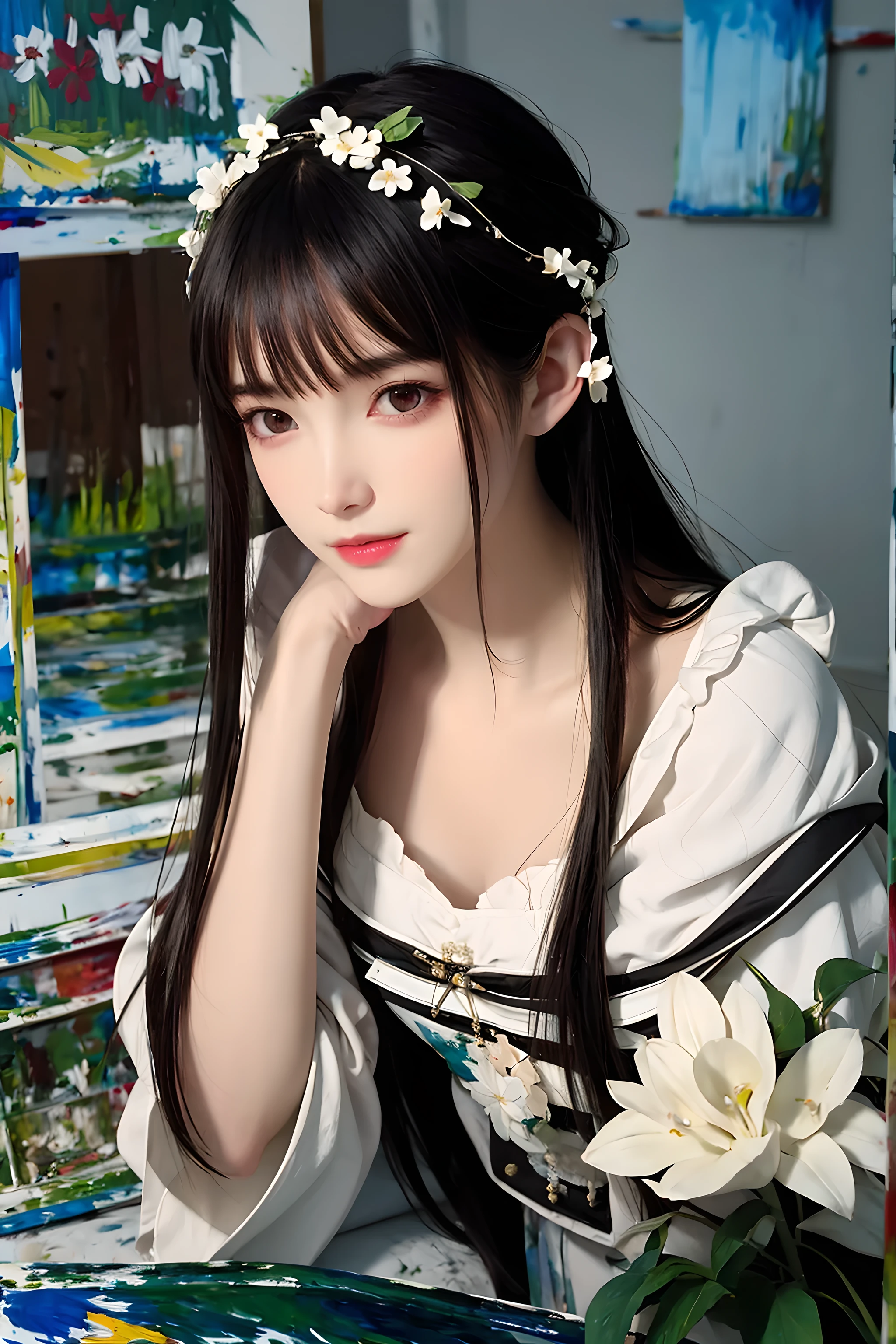 (painting:1.5),
\\
A dark-haired one、Woman with white flowers in her hair lying in a field of white flowers, (Amy Sole:0.248), (Stanley Liu:0.106), (a detailed painting:0.353), (gothic art:0.106)