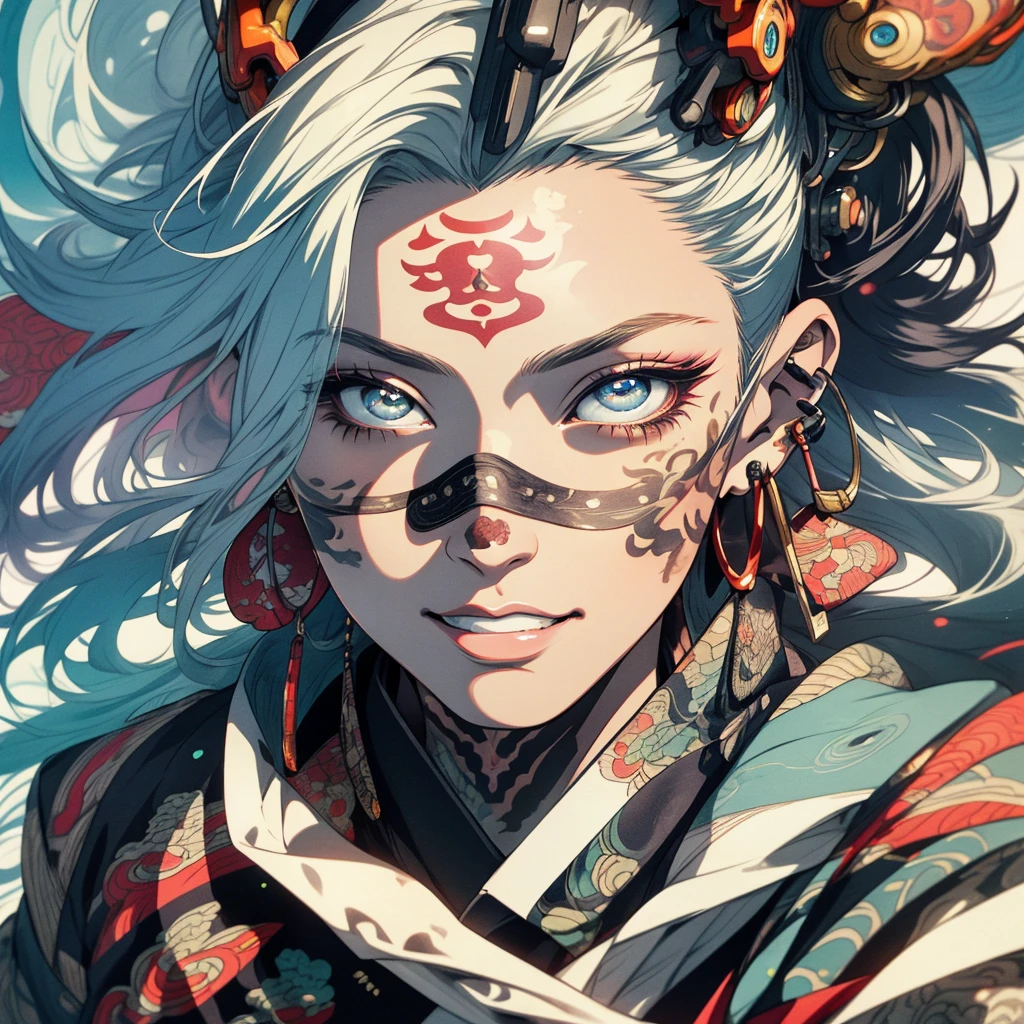 (((highest quality))),(((detailed eyes))),(((32k))),1 girl,hair,(tattoo),cyber punk,kimono,Luxurious and gorgeous,Shiny skin,earrings,flashy,((Super beautiful woman)),perfect face,Japanese sword,ultimate texture,official art,Ukiyo-e,stylish,photograph,perfect body,smile,Bewitching,Highest image quality,distinct,real,fantasy,(Near the future),Hannya mask,Fox mask,ninja,Shikigami,