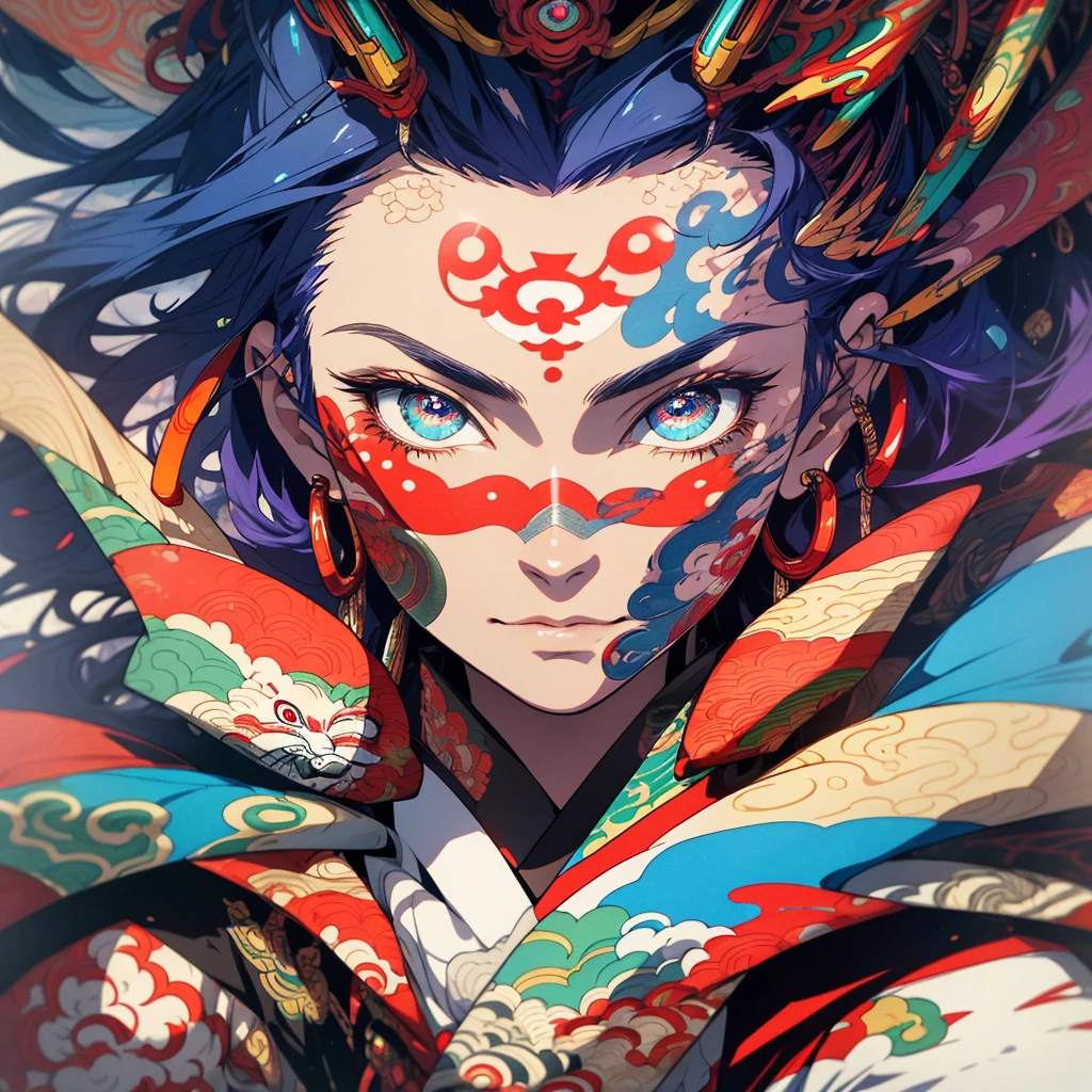 (((highest quality))),(((detailed eyes))),(((32k))),1 girl,rainbow colored hair,(Japanese tattoo),cyber punk,Rainbow kimono,Luxurious and gorgeous,Shiny skin,earrings,flashy,((Super beautiful woman)),perfect face,Japanese sword,ultimate texture,official art,Ukiyo-e,stylish,photograph,perfect body,smile,Bewitching,Highest image quality,distinct,real,fantasy,Near the future,Hannya mask,Fox mask,ninja,Shikigami,
