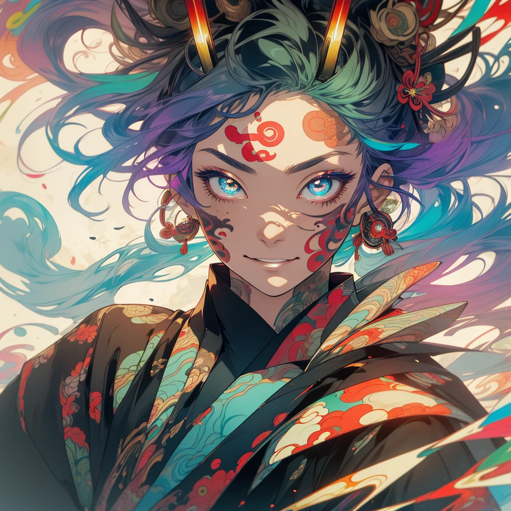 (((highest quality))),(((detailed eyes))),(((32k))),1 girl,rainbow colored hair,(Japanese tattoo),cyber punk,Rainbow kimono,Luxurious and gorgeous,Shiny skin,earrings,flashy,((Super beautiful woman)),perfect face,Japanese sword,ultimate texture,official art,Ukiyo-e,stylish,photograph,perfect body,smile,Bewitching,Highest image quality,distinct,real,fantasy,Near the future,Hannya mask,Fox mask,ninja,Shikigami,