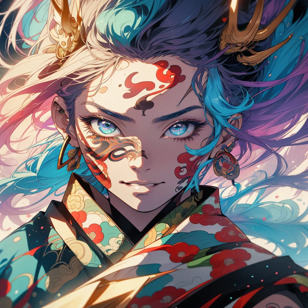 (((highest quality))),(((detailed eyes))),(((32k))),1 girl,rainbow colored hair,(Japanese tattoo),cyber punk,Rainbow kimono,Luxurious and gorgeous,Shiny skin,earrings,flashy,((Super beautiful woman)),perfect face,Japanese sword,ultimate texture,official art,Ukiyo-e,stylish,photograph,perfect body,smile,Bewitching,Highest image quality,distinct,real,fantasy,Near the future,Hannya mask,Fox mask,ninja,Shikigami,