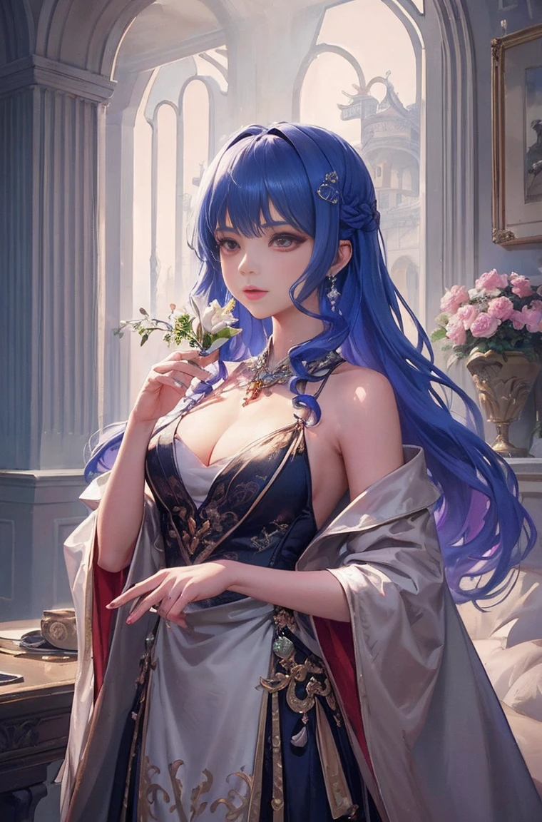 anime girl with long hair and flowers in her hair, beautiful fantasy empress, palace , girl wearing hanfu, ((Beautiful Fantasy Empress Jan J, Written by Li Song, beautiful digital artwork, beautiful digital illustrations, beautiful character drawings, trending on cgstation, Beautiful artwork illustration, Gviz-style artwork, Gviz