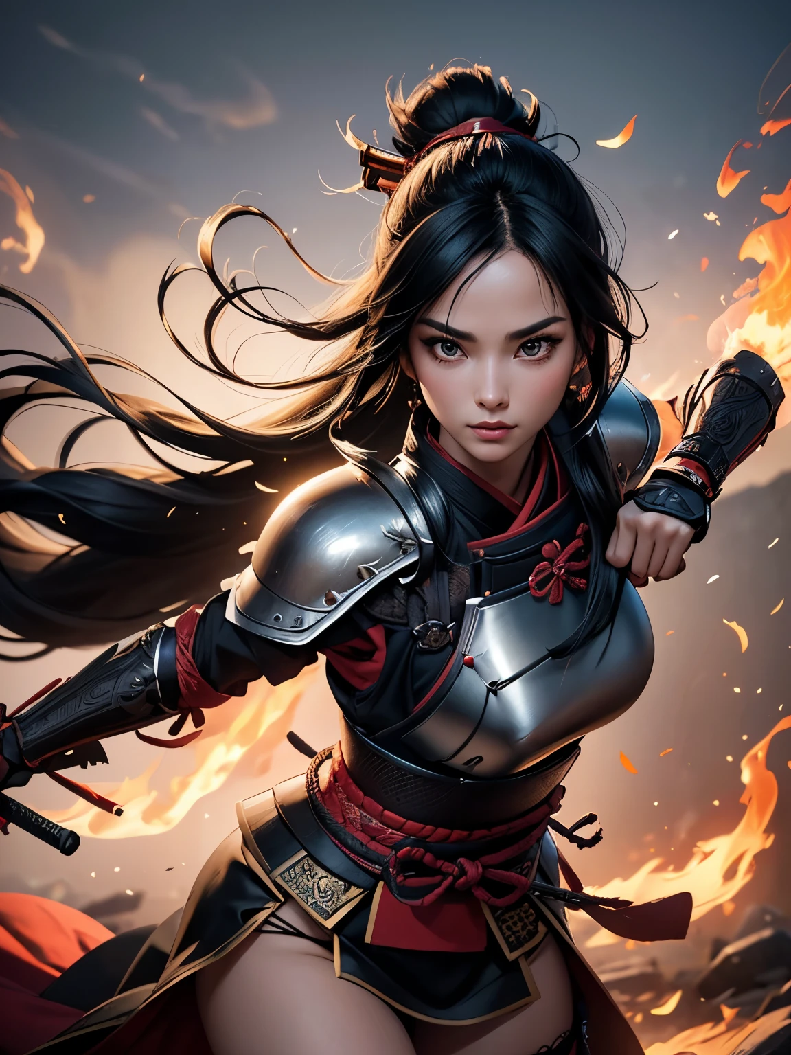 (best quality), (perfect body), (perfect face), (1girl), sexy samurai woman, wearing sexy samurai armor, holding a decorative samurai sword in the ready position, athletic body, long flowing black hair, smoke swirling around, leaves floating in the air, fire in the background, HDR, 4K, 3D
