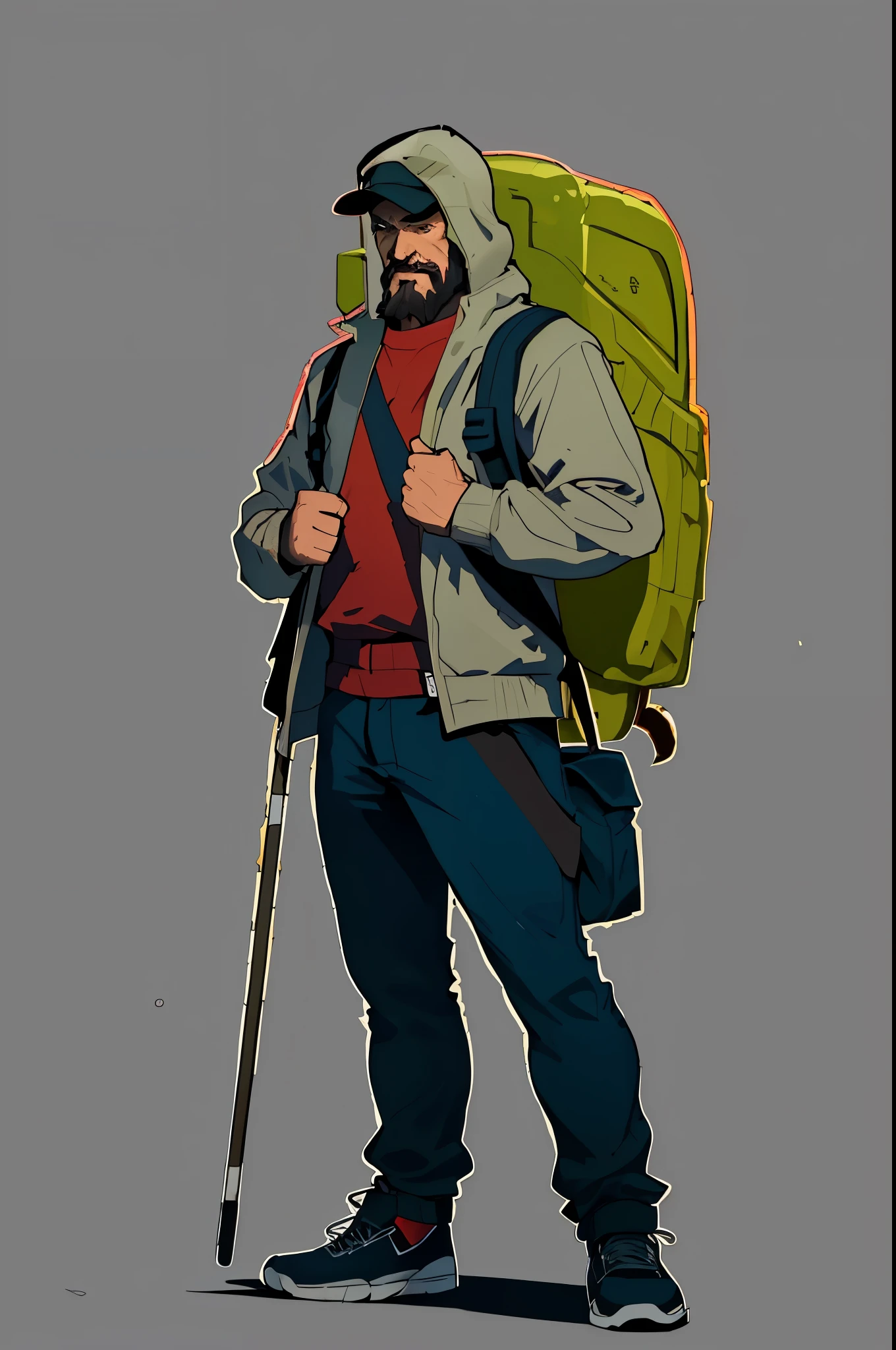 (masterpiece，top quality，best quality)  bold outline style，one person，hero，A middle-aged street businessman，weathered，Carrying a large backpack，The backpack contains all kinds of weird things，Full of beard，Full of vicissitudes，Sly expression，have a cane，Wear a cap，hip hop mix，American comic book style，solid color background