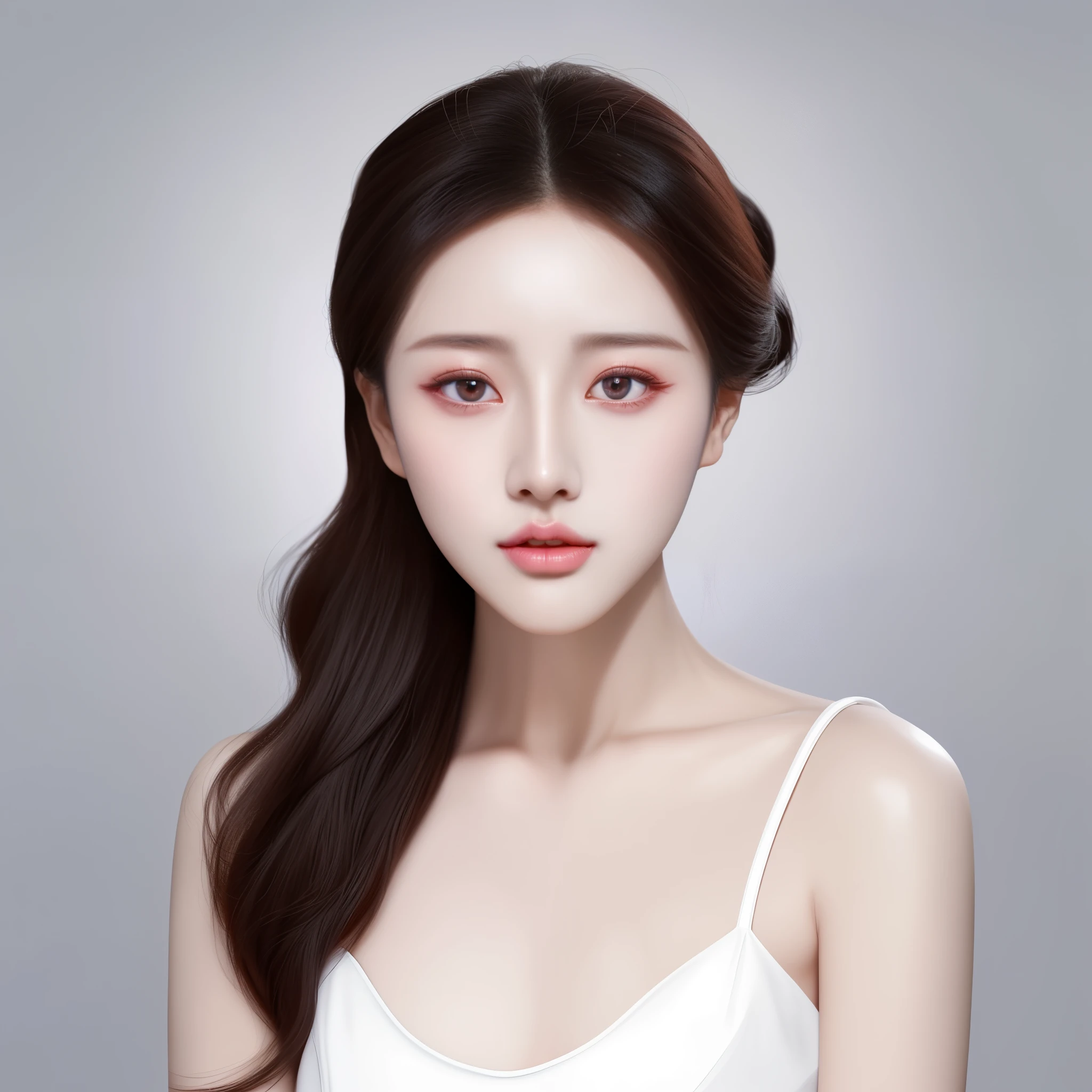 there is a woman with long hair and a white top, inspired by Sim Sa-jeong, yanjun chengt, inspired by Yanjun Cheng, wlop glossy skin, realistic. cheng yi, gorgeous young korean woman, sha xi, popular korean makeup, beautiful young korean woman, dilraba dilmurat, inspired by Russell Dongjun Lu