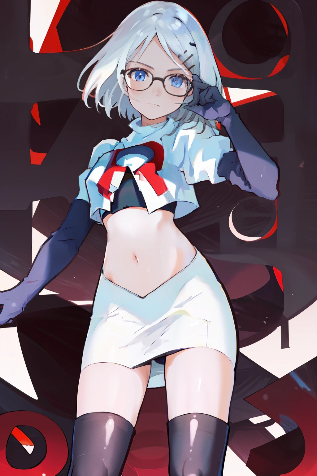 masterpiece, best quality, highres, 1girl glasses hairclip, team rocket,team rocket uniform, red letter R, white skirt,white crop top,black thigh-highs,black elbow gloves,