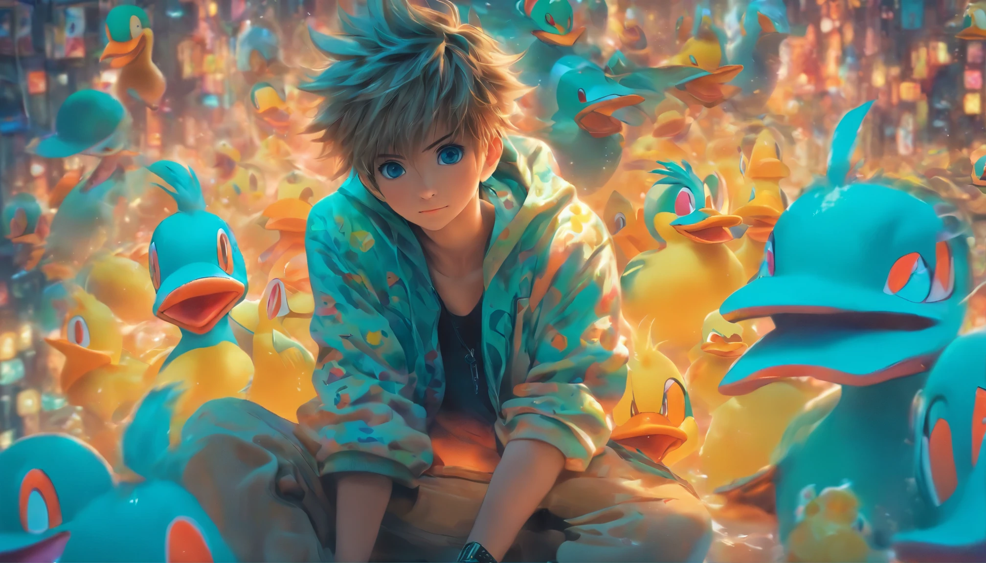surreal,ultra photorealisticim,super fine,Genki Boy,Looks like a whole body,adorable,Duck sitting,smile,short and fine hair,chi bangs,sweatshirt,denim pants,Athletic sneaker hair is meticulously drawn,The eyes are meticulously painted, Highly detailed surreal VFX,oc rendering,