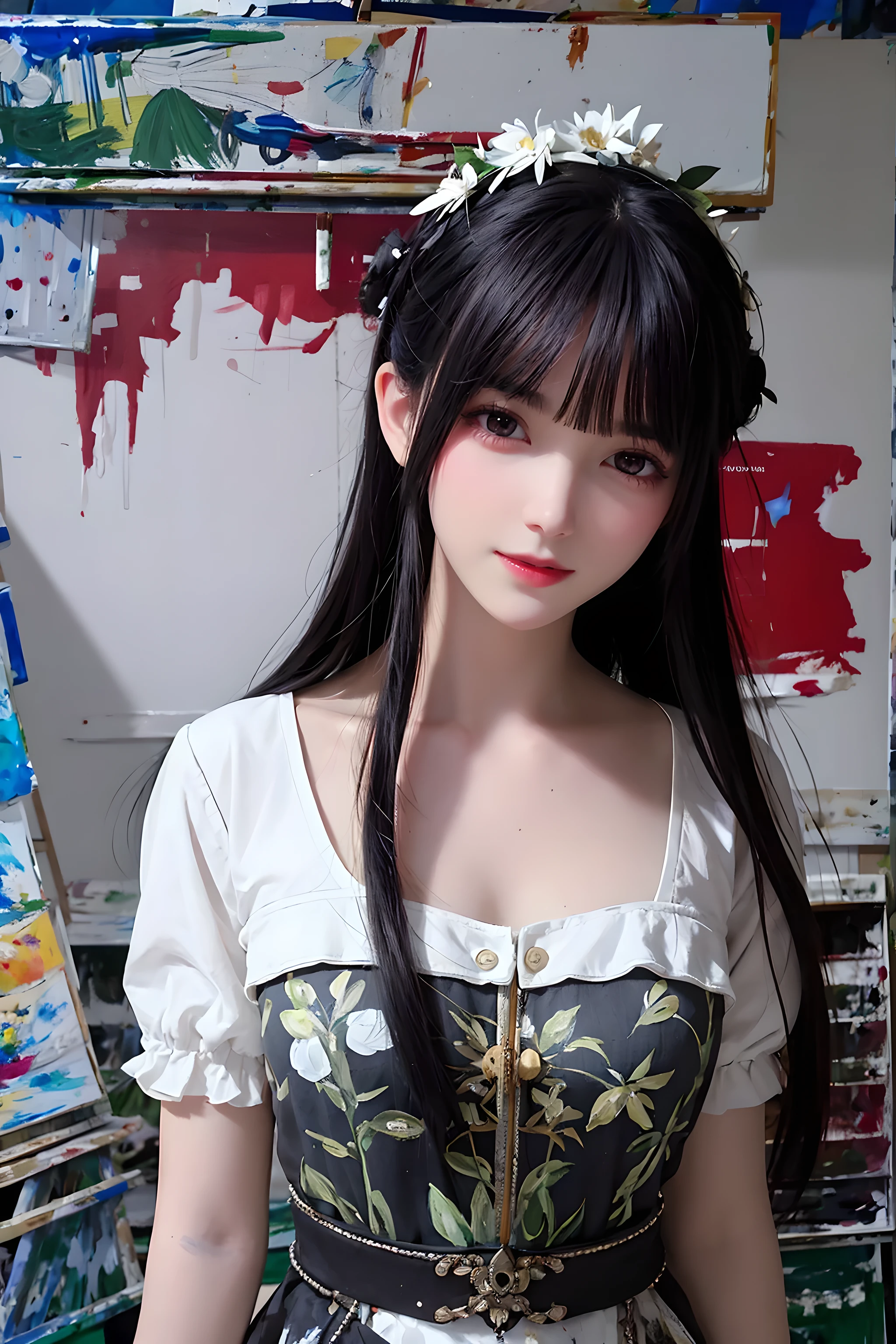 (painting:1.5),
\\
A dark-haired one、Woman with white flowers in her hair lying in a field of white flowers, (Amy Sole:0.248), (Stanley Liu:0.106), (a detailed painting:0.353), (gothic art:0.106)