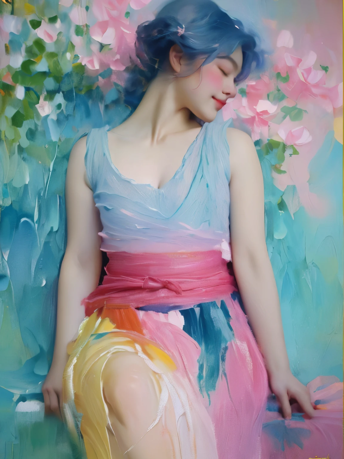 Full body of a Calculated composition of the painting、Arianna's work andalas and flowers、(oil painting:1.5), (NSFW:1.2), a woman joyfully twirling in the raining paint, paint raining, thick paint rainbow hair, body covered with paint, joyful, ((sfw)), calm facial expression, relaxed, gentle smile, (clothes made of liquid paint)), front view, ((small breasts, relaxed face, relaxed shoulders)), ((dynamic pose)), liquid details, correct anatomy, both arms visible, ((top-quality, 8K)), (Realistic), (Face Focus: 1.1), (blue and pink: 1.3), Kawaii Girl, short-hair, Hair fluttering in the wind, Facing to the side, Look up at your face, Eyes closed, (Sleeveless: 1.1)、Skirt, D Cup Breasts, Countless soap bubbles,