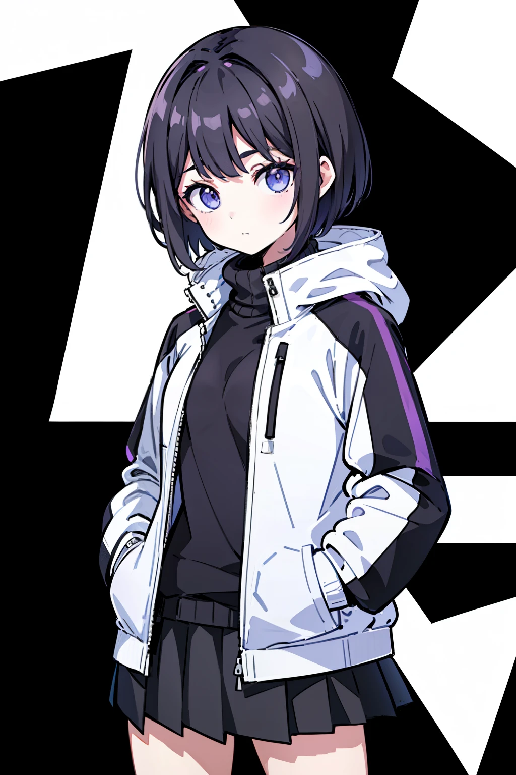 1girl, solo, blue eyes, (detailed eyes), flat chest, short hair, black hair, (waterproof jacket), large jacket, ((white jacket, Dark violet)), skirt, black skirt, black socks, standing, (hands in pockets), ((closed sweater)), upper body, (white background), Transparent background, looking at viewe, ((masterpiece, illustration, best quality))