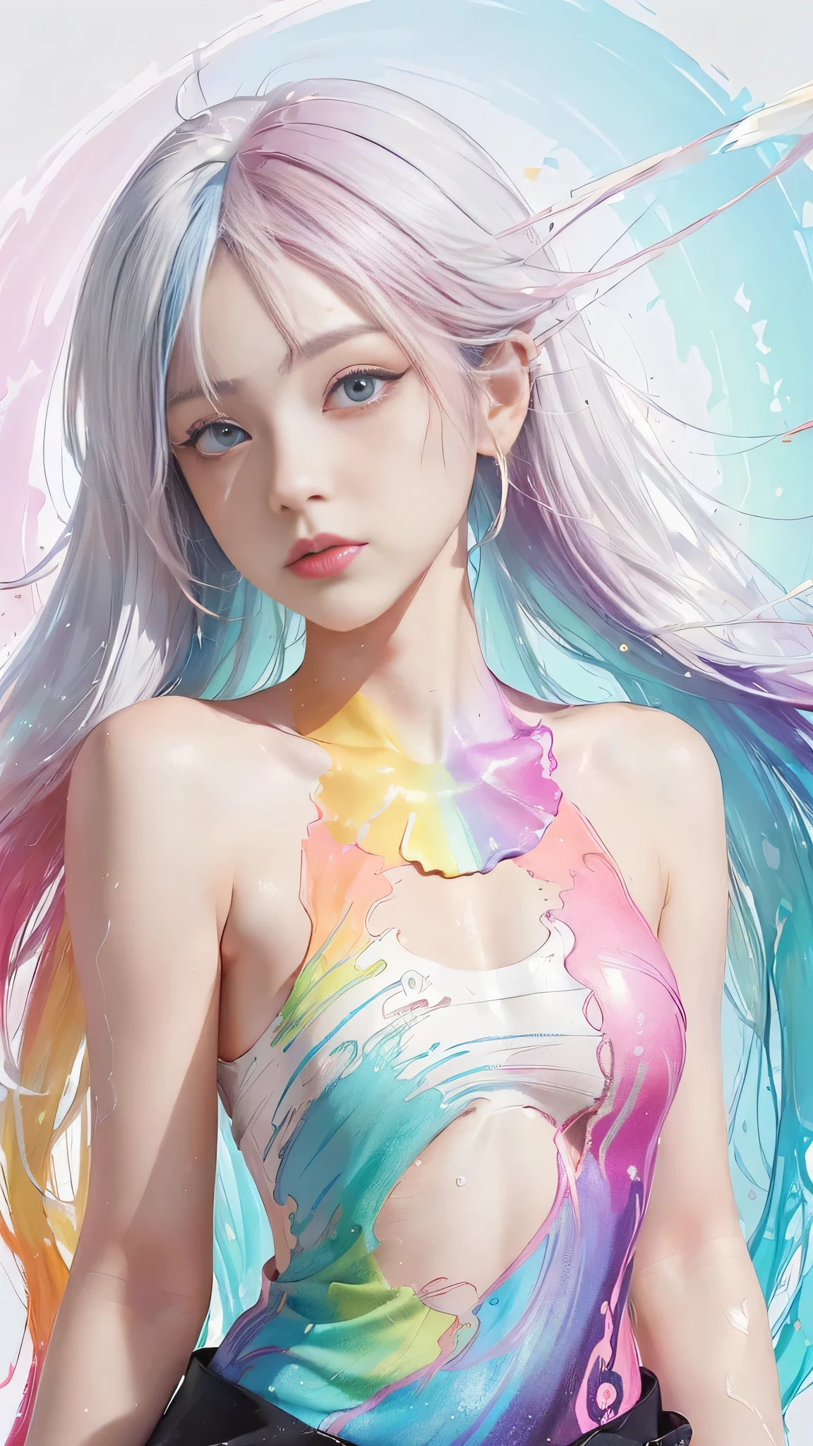 （Pink fashion T-shirt：1.9），(Colorful hair: 1.8), (All colors of the rainbow: 1.8),(((((vertical paintinging：1.6))), （paintinging：1.6），front, 漫painting, illustrations, paintingings, big eyes, crystal clear eyes,（ rainbow color gradient high ponytail：1.7）, Exquisite makeup, close your mouth,(Little fresh: 1.5),(breast rubbing: 1.6) ，long eyelashes, white off-the-shoulder T-shirt,  white shoulder shirt，looking at the audience, 水汪汪的big eyes, (rainbow colored hair：1.6), 色彩飞splash, （alone：1.8）, 色彩飞splash, Color explosion, thick painting style, Messy lines, ((shining))，(colorful), (colorful), (colorful), colorful, Thick painting Style, (splash) (Color splash), Vertical paintinging, Upper body, painting splash, acrylic paint, slope, painting, Highest image quality, best quality, masterpiece, alone, depth of field, Face painting,  colorful clothes, (elegant: 1.2), Gorgeous,long hair, wind, (elegant: 1.3), (petal: 1.4)，(((masterpiece))),(((best quality))),((super detailed)),(illustration),(dynamic angle),((floating)),(painting),((disheveled hair)),(alone),(1 girl) , (((Detailed Anima face))),((Beautiful and delicate face)),collar,bare shoulders,white hair, ((colorful hair)),((striped hair)),beautiful and delicate eyes,(slope color eyes),(((colorful eyes))),(((colorful background))),(((high saturation))),(((surrounded by colorful splashes))),