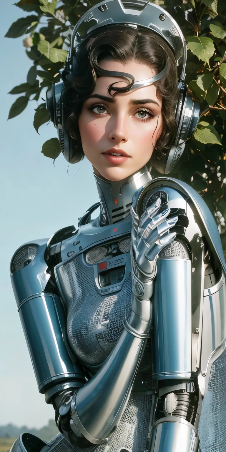 beautiful female robot thinking, herb ritts style, 50s style, colored