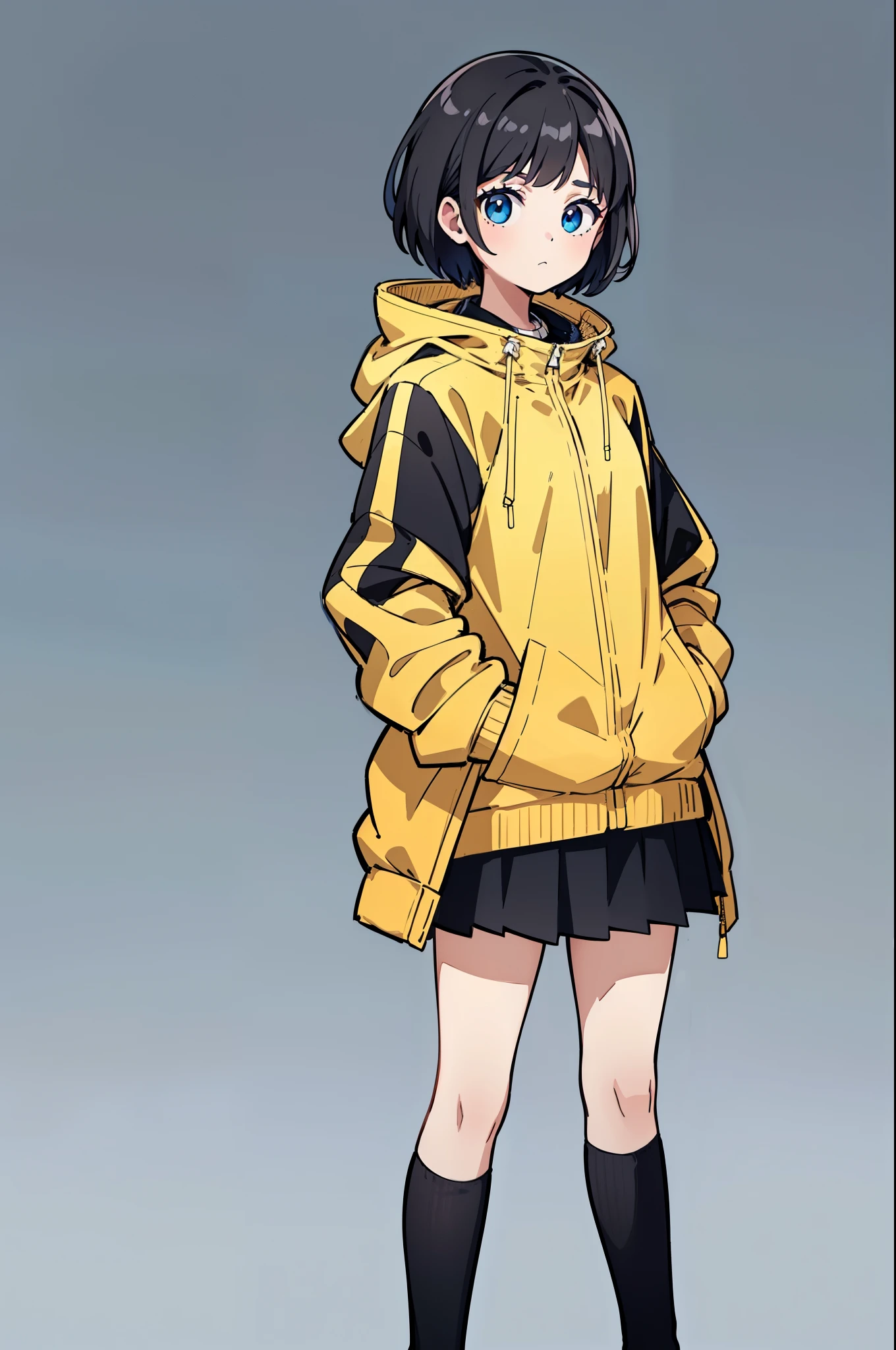 1girl, solo, blue eyes, (detailed eyes), flat chest, short hair, black hair, (waterproof jacket), large jacket, ((white jacket, yellow jacket)), skirt, black skirt, black socks, standing, (hands in pockets), ((closed sweater)), upper body, (white background), Transparent background, looking at viewe, ((masterpiece, illustration, best quality))