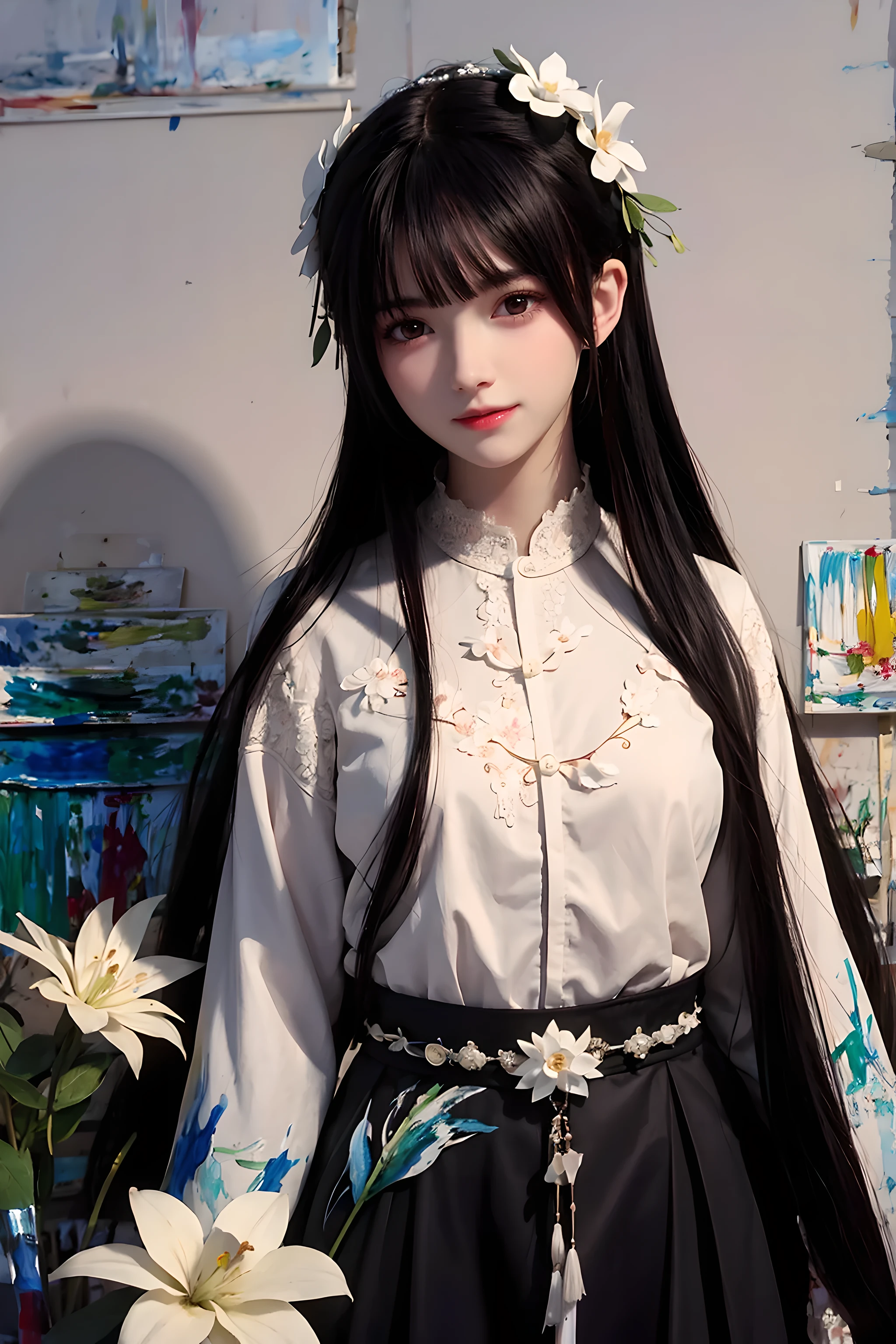(painting:1.5),
\\
A dark-haired one、Woman with white flowers in her hair lying in a field of white flowers, (Amy Sole:0.248), (Stanley Liu:0.106), (a detailed painting:0.353), (gothic art:0.106)