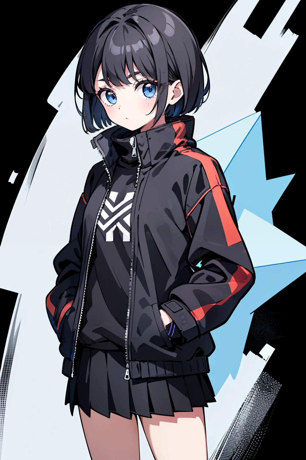 1girl, solo, blue eyes, (detailed eyes), flat chest, short hair, black hair, (waterproof jacket), large jacket, ((black jacket)), skirt, black skirt, black socks, standing, (hands in pockets), ((closed sweater)), upper body, (white background), Transparent background, looking at viewe, ((masterpiece, illustration, best quality)) 