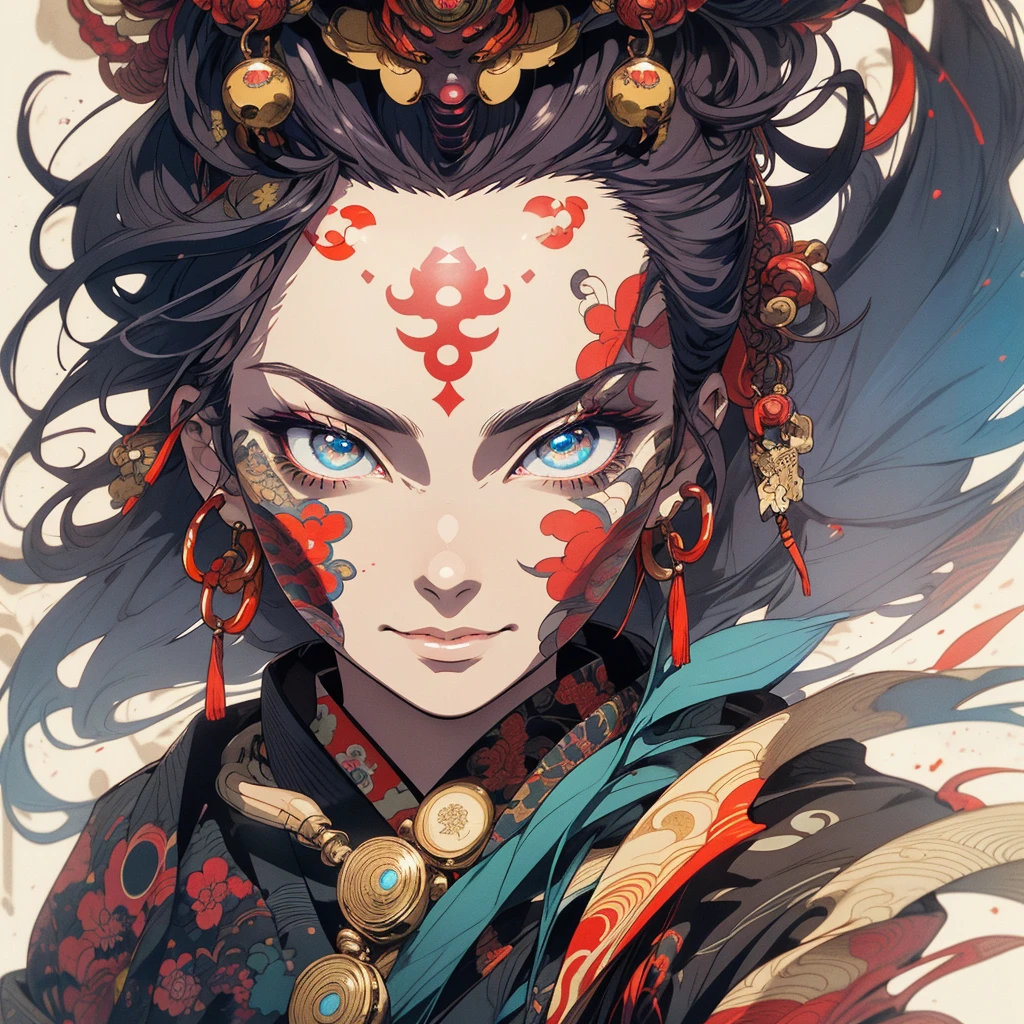 (((highest quality))),(((detailed eyes))),(((32k))),1 girl,hair,(tattoo),cyber punk,kimono,((Luxurious and gorgeous)),Shiny skin,earrings,flashy,((Super beautiful woman)),perfect face,Japanese sword,ultimate texture,official art,Ukiyo-e,stylish,photograph,perfect body,smile,Bewitching,Highest image quality,distinct,real,fantasy,(Near the future),Hannya mask,Fox mask,ninja,perfect eyes,