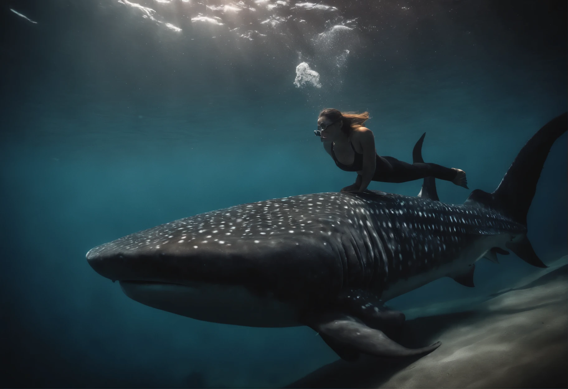 Big breasted diver and whale shark