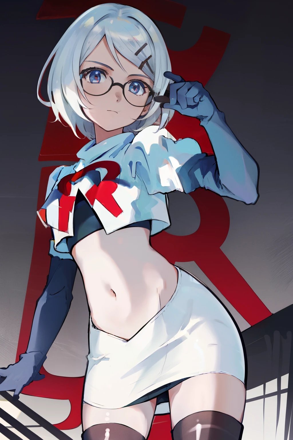 masterpiece, best quality, highres, 1girl glasses hairclip, team rocket,team rocket uniform, red letter R, white skirt,white crop top,black thigh-highs,black elbow gloves,