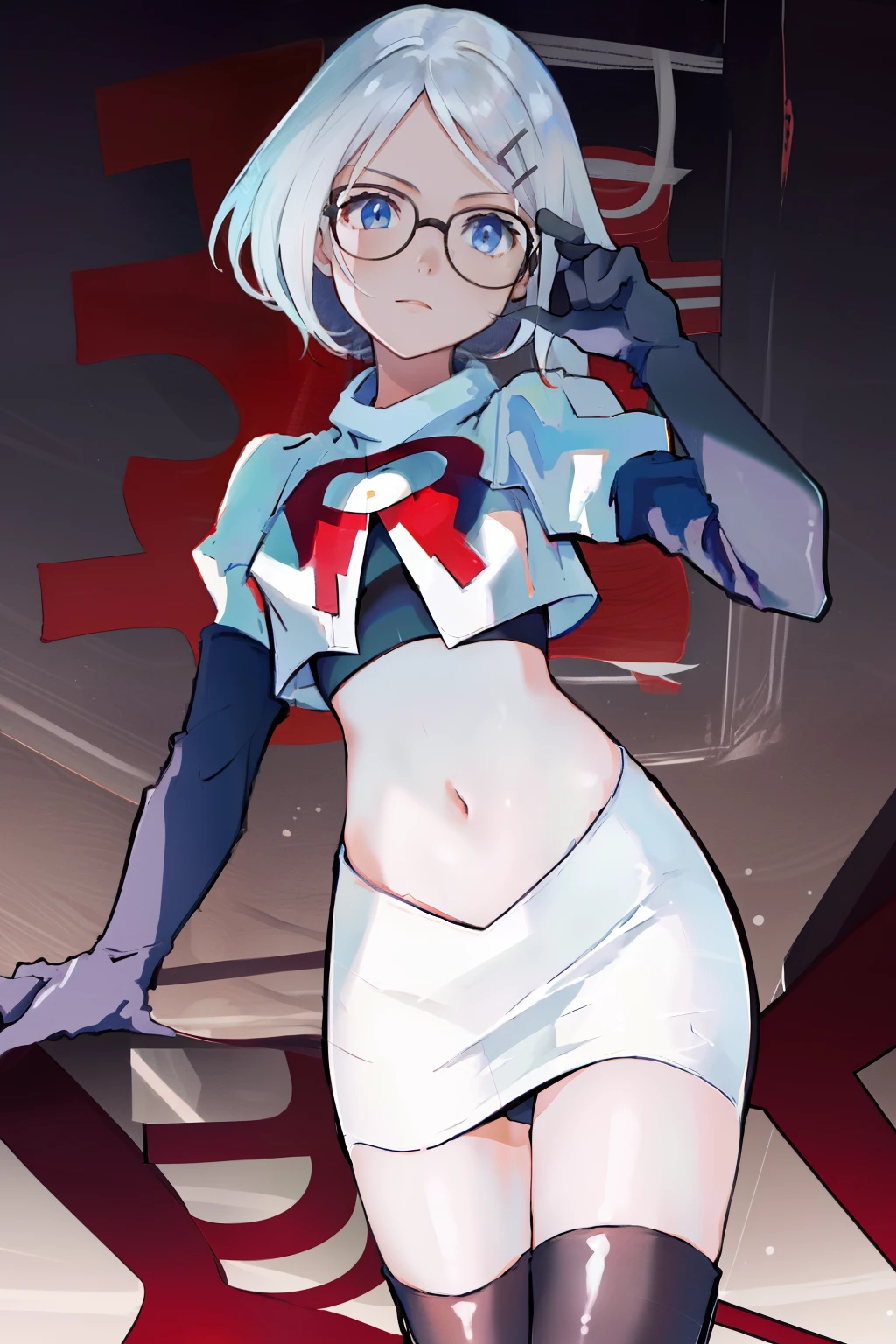 masterpiece, best quality, highres, 1girl glasses hairclip, team rocket,team rocket uniform, red letter R, white skirt,white crop top,black thigh-highs,black elbow gloves,