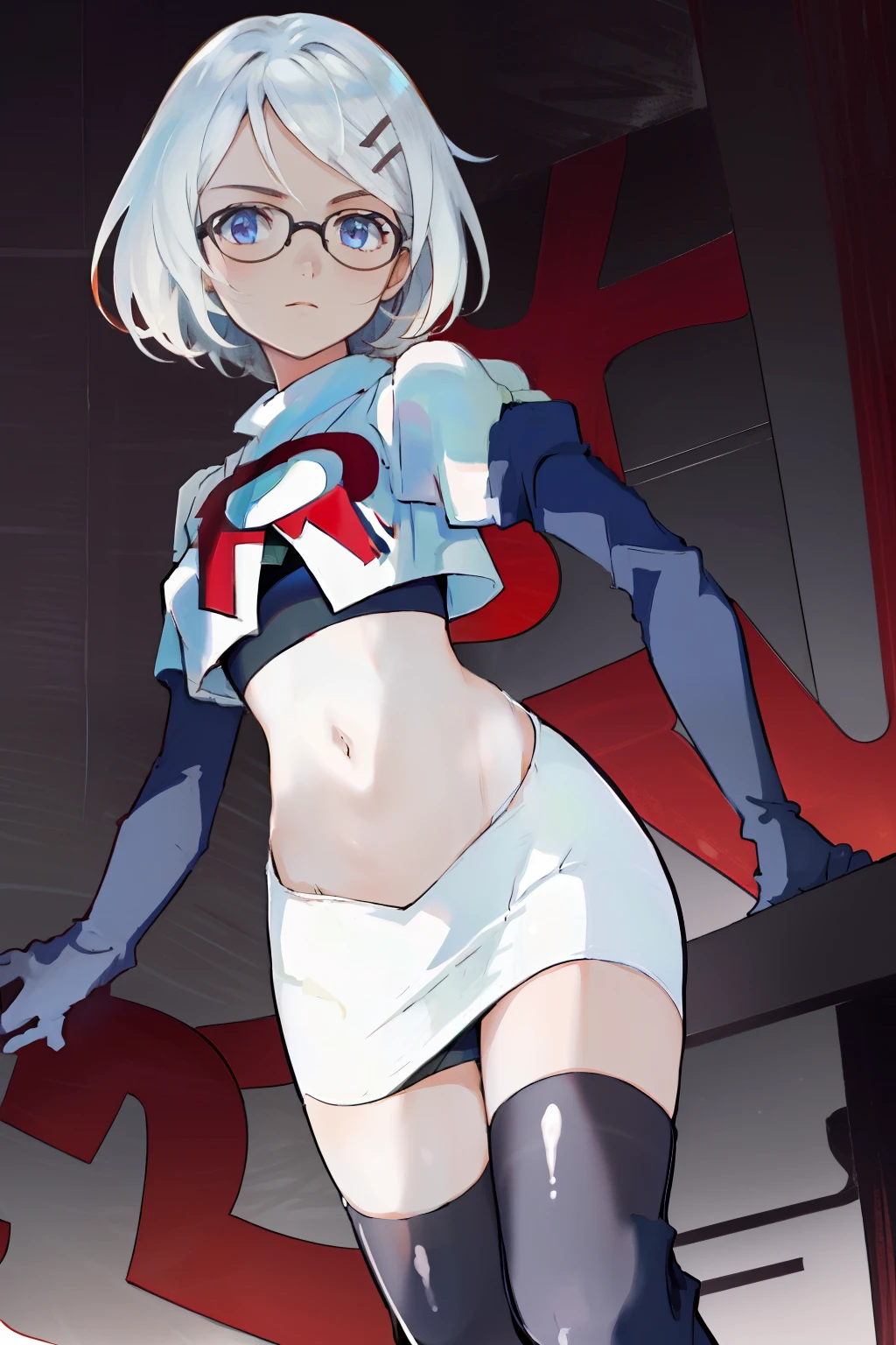 masterpiece, best quality, highres, 1girl glasses hairclip, team rocket,team rocket uniform, red letter R, white skirt,white crop top,black thigh-highs,black elbow gloves,
