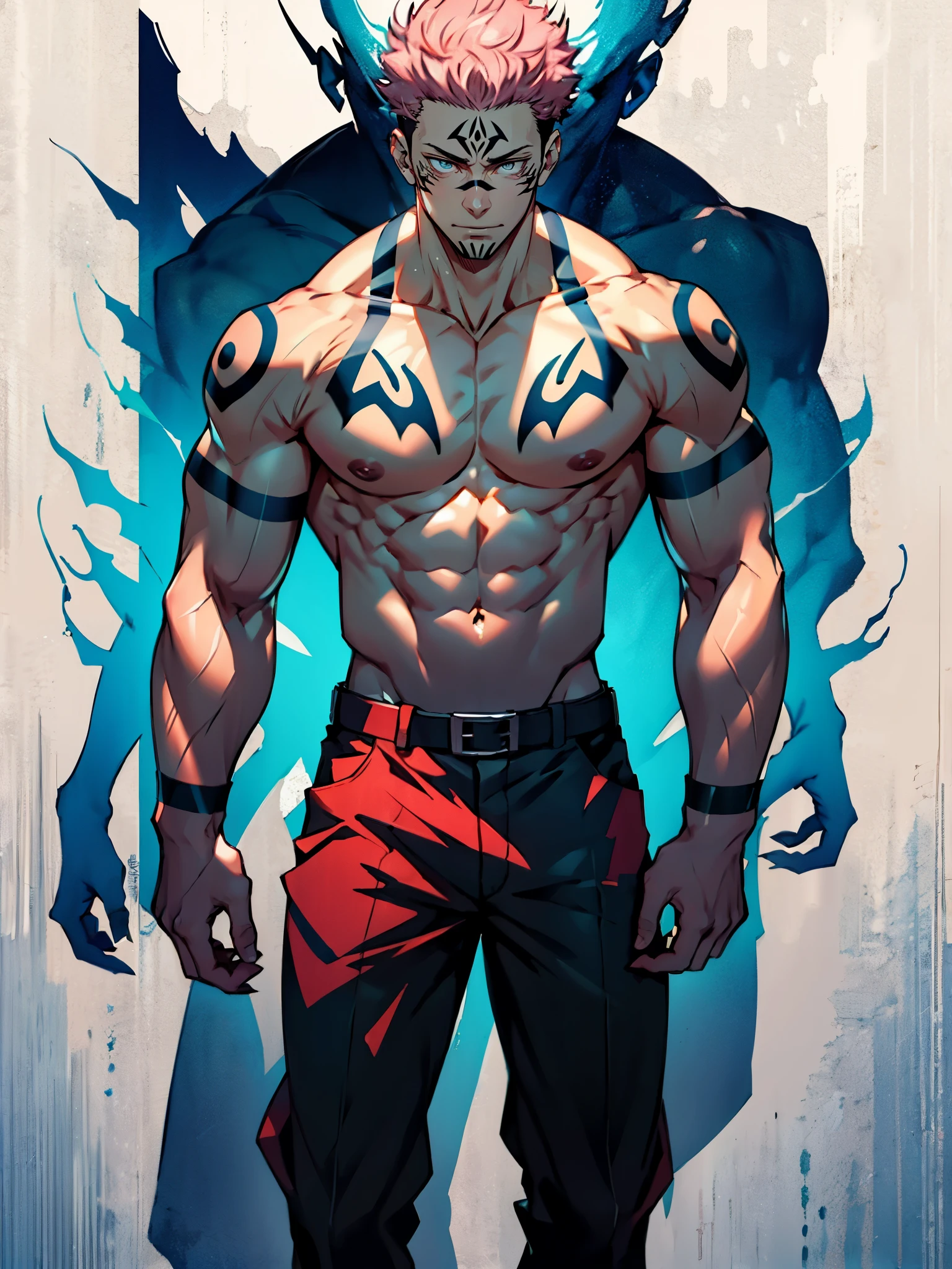 Best quality, masterpiece, expressionless, ultra high res, detailed background, solo, muscular male, short hair, cowboy shot, real shadow and light, Sukuna a man with pink hair and shirtless, tattoo_ryoumen, tattoo_on_his_face, eye focus, manly, mature, full body, anatomically correct, intense anime background,