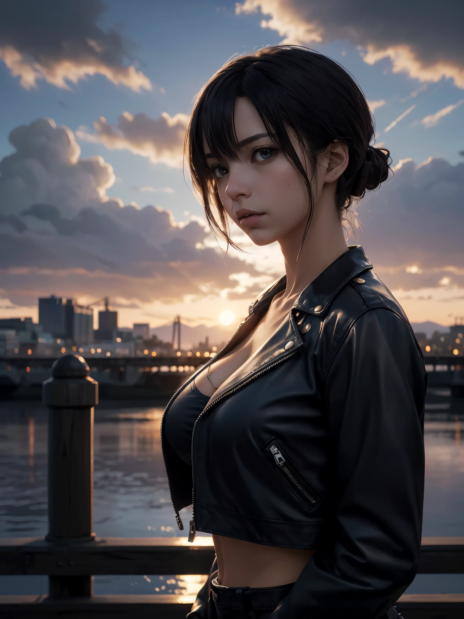 (Looking at viewer, Large breasts:1.2), 1girl, bridge, sunset, city, realistic, high resolution, masterpiece, high quality, super details, dramatic light, dramatic illumination, cinematic, makoto shinkai, ghibli, beautiful sky, cloud, building, zipper blouse, open leather jacket