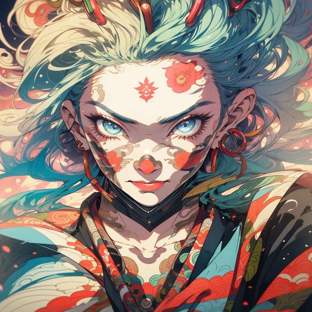 (((highest quality))),(((detailed eyes))),(((32k))),1 girl,rainbow colored hair,(Japanese tattoo),cyber punk,Rainbow kimono,((Luxurious and gorgeous)),Shiny skin,earrings,flashy,((Super beautiful woman)),perfect face,Japanese sword,ultimate texture,official art,Ukiyo-e,stylish,photograph,perfect body,smile,Bewitching,Highest image quality,distinct,real,fantasy,Near the future,Hannya mask,Fox mask,ninja,perfect eyes,