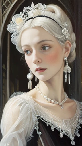 (((oil painting))), White Queen from “Through the Looking-Glass”, pure female, wearing white lace dress, pearl tiara, pearl necklace. looking at viewer compassionately, symmetric face, symmetric eyes, chignon white hair, pale skin, small bust, against chessboard background, (((Gothic art style, art by Simone Martini)))